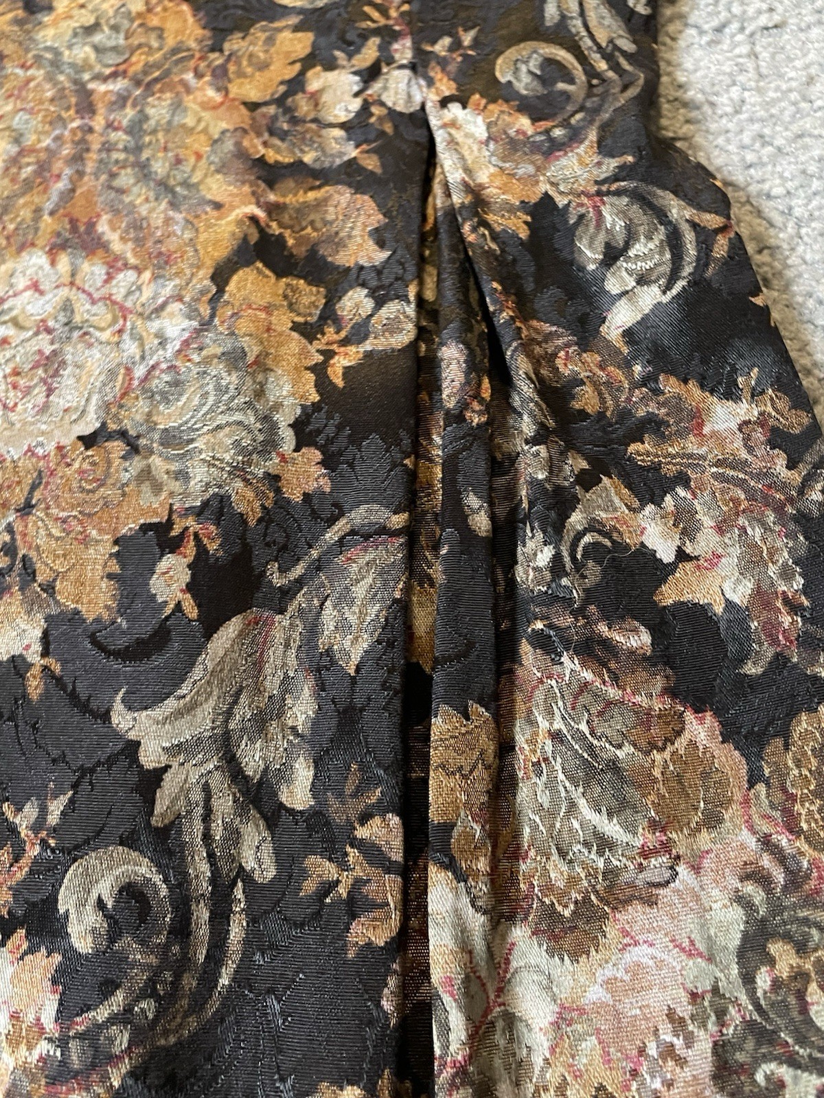 Vtg 80s Floral Brocade Mini Dress S Beige Black Bow Sheer Sleeve Pleated Classic