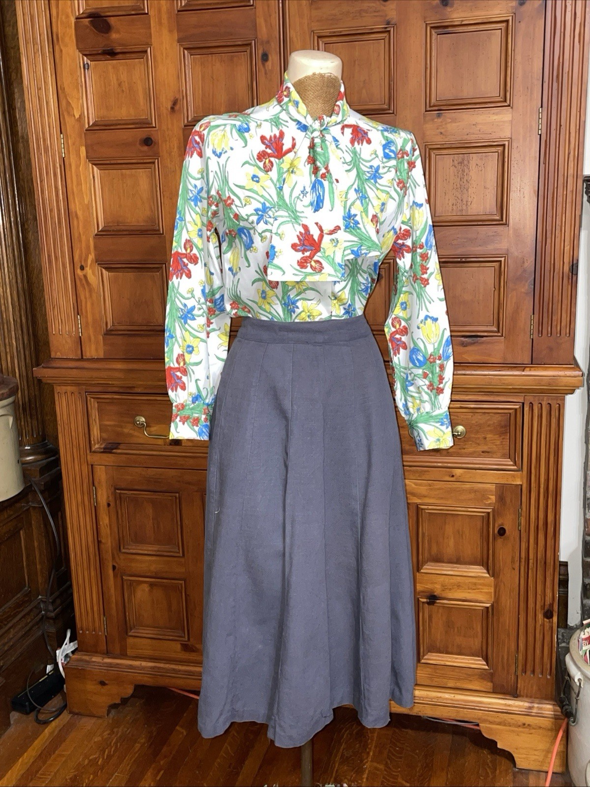Vintage 50s Mid Century Gray Linen 16 Panel A-Line Rockabilly Skirt Size 28w