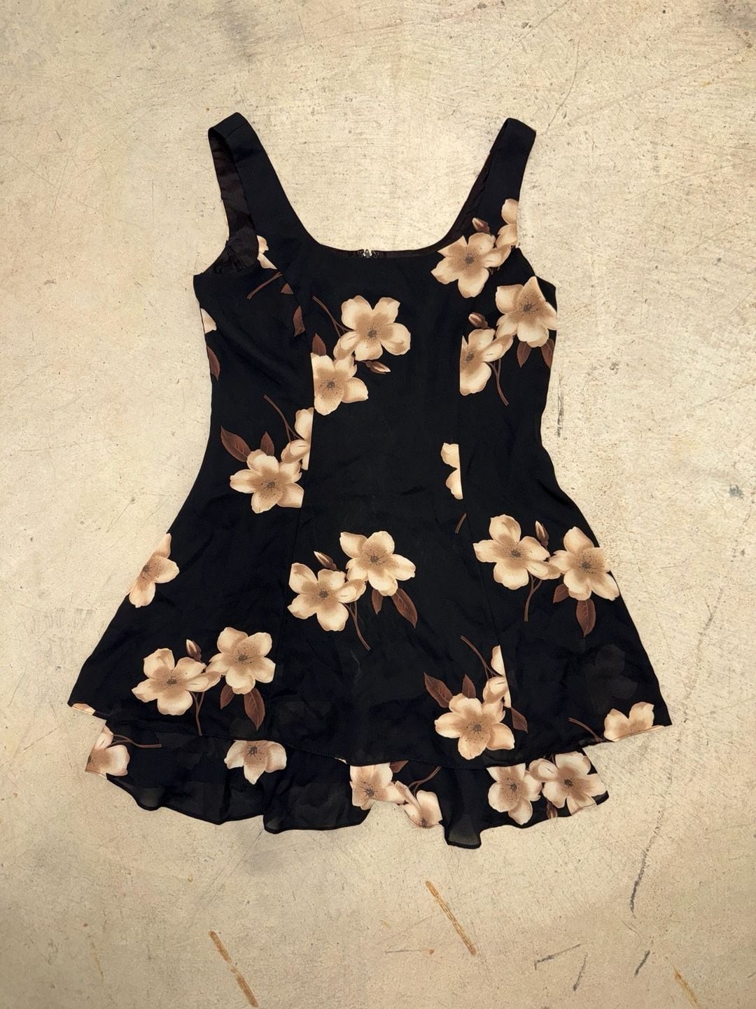 Vintage Hampton Nites Petites 90s Black and Cream Floral Layered Mini Dress Size