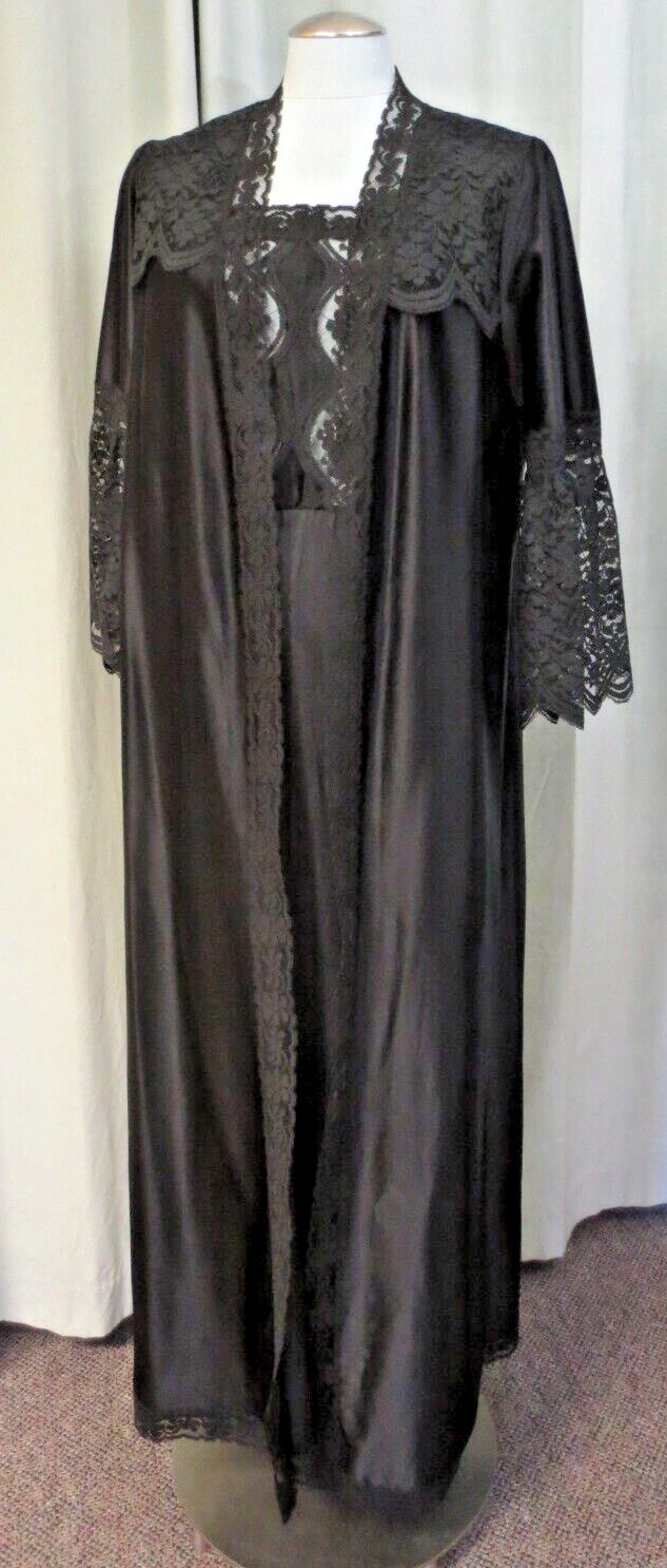 Vtg Jenelle Of California 2 Pc Sexy Black Peignoir Nightgown & Robe Small