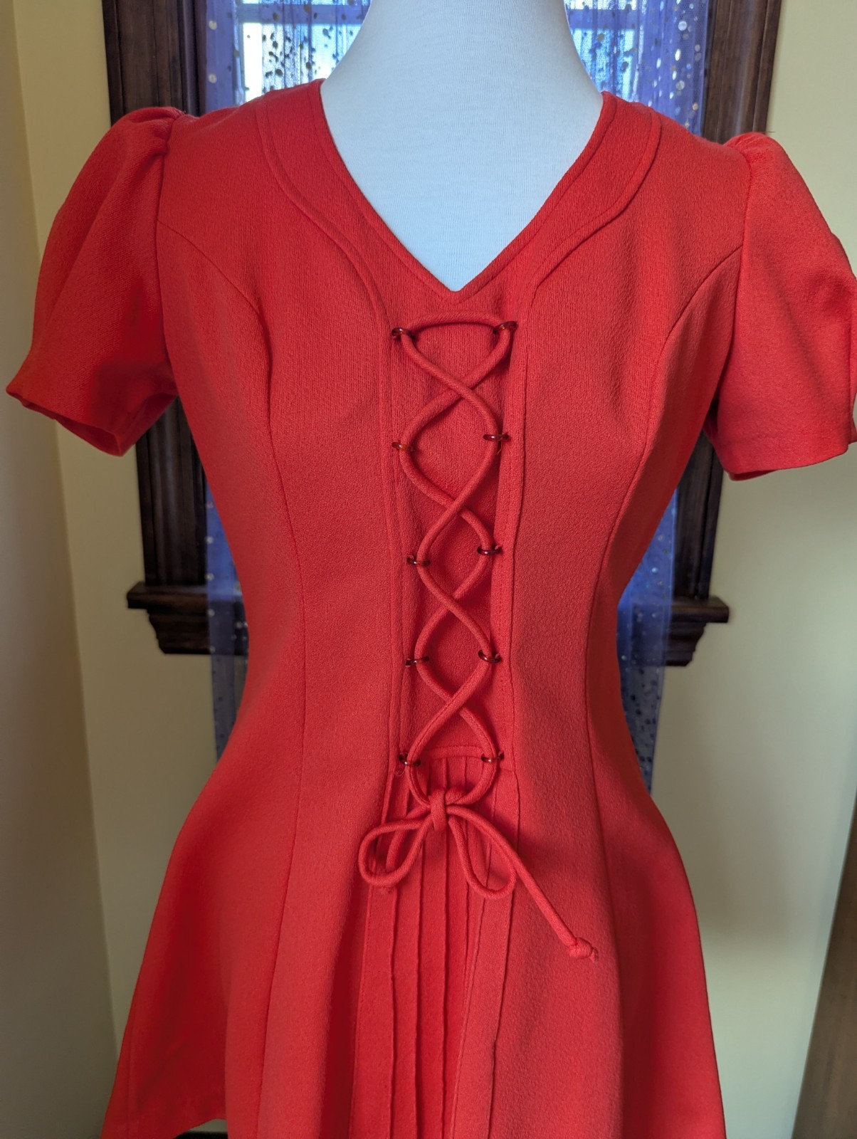 Vintage 70’s Lace Up Polyester Puff Sleeve Babydoll Mini Red Dress Size Small