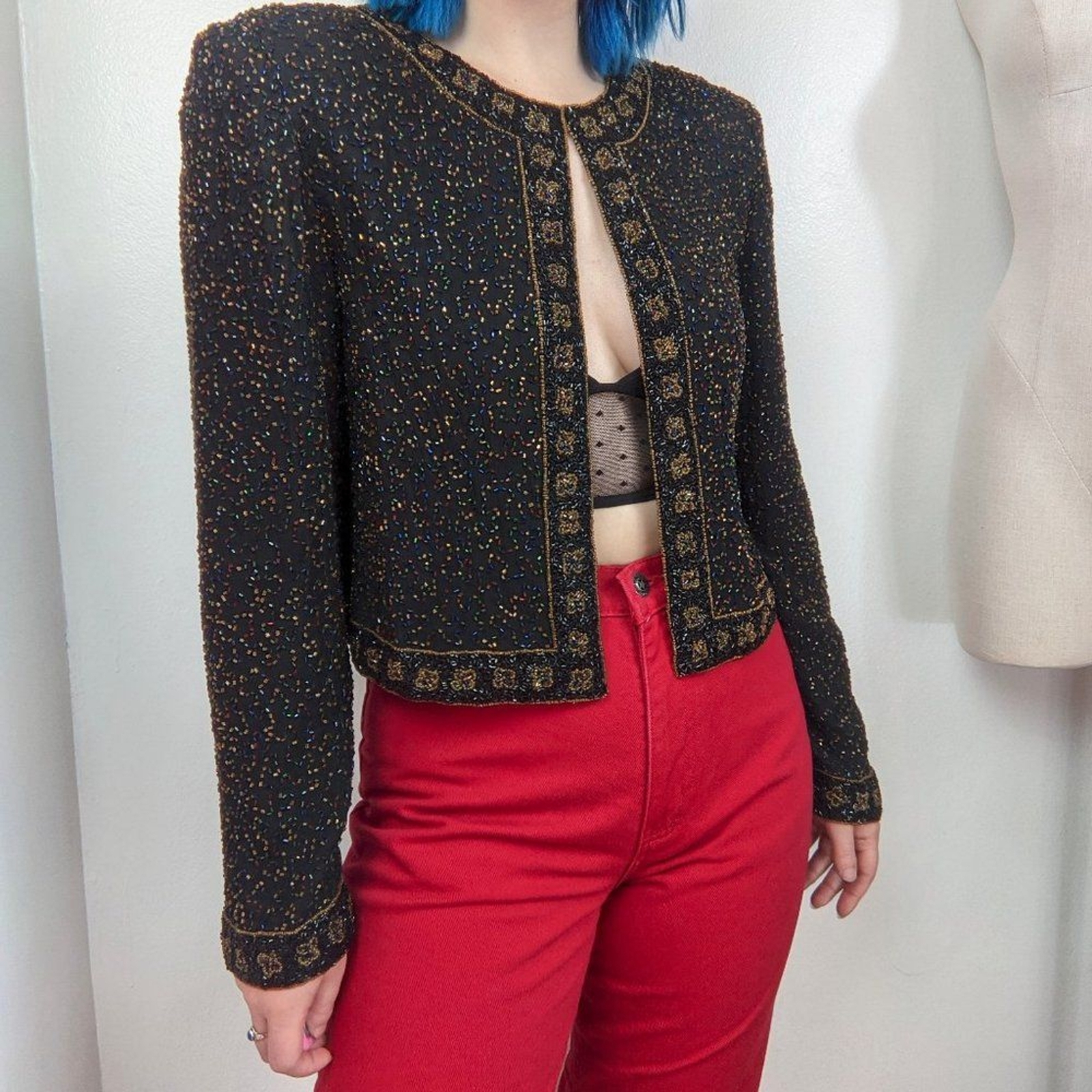 Vintage 90s Black & Multi Color Heavily Beaded Evening Jacket