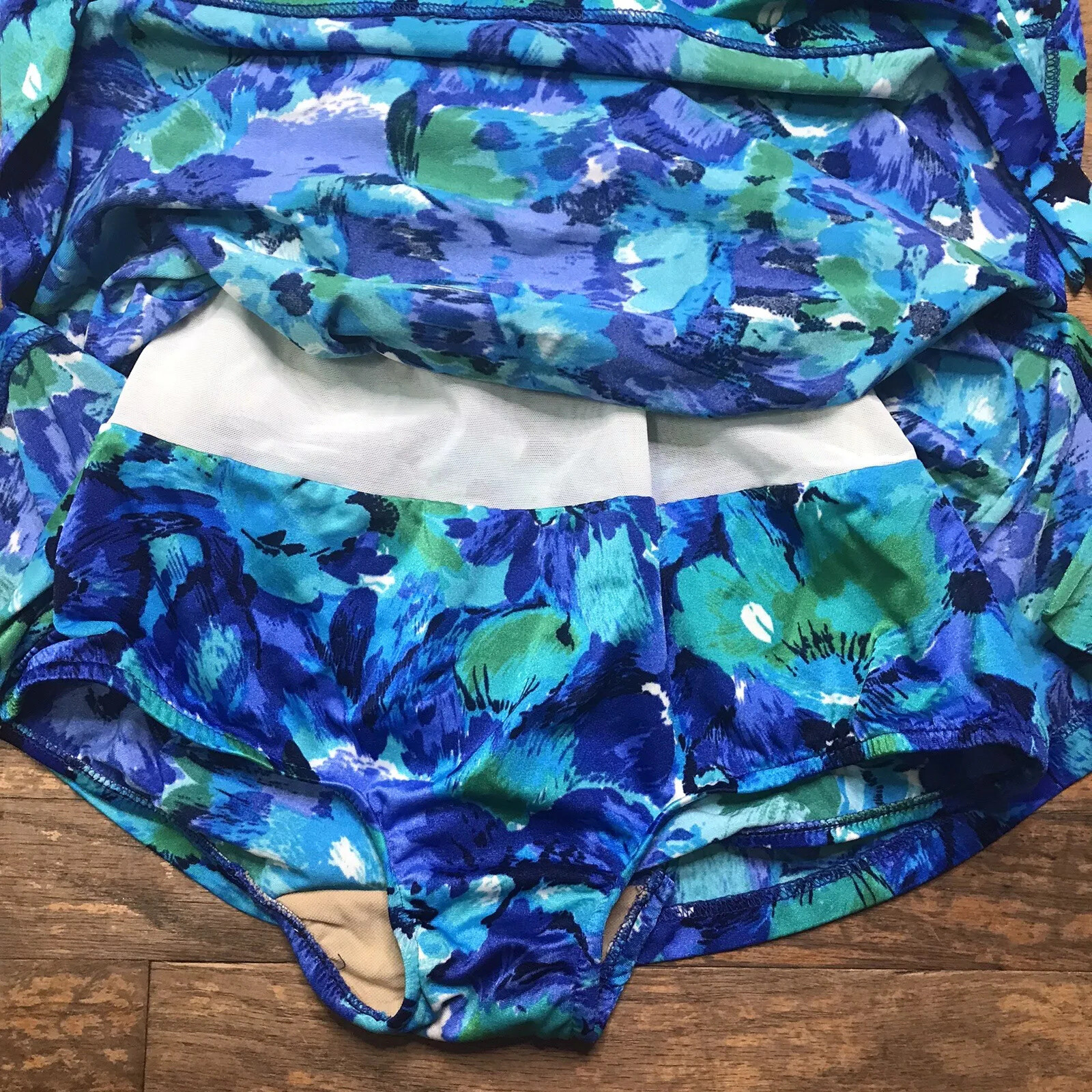 Maxine of Hollywood Size 14 Vintage Bathing Suit Blue Floral Print Belted