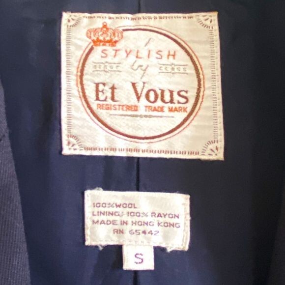 Vintage Et Vous (Paris) Navy Blue Wool Jacket, Size Unisex S, From 90s