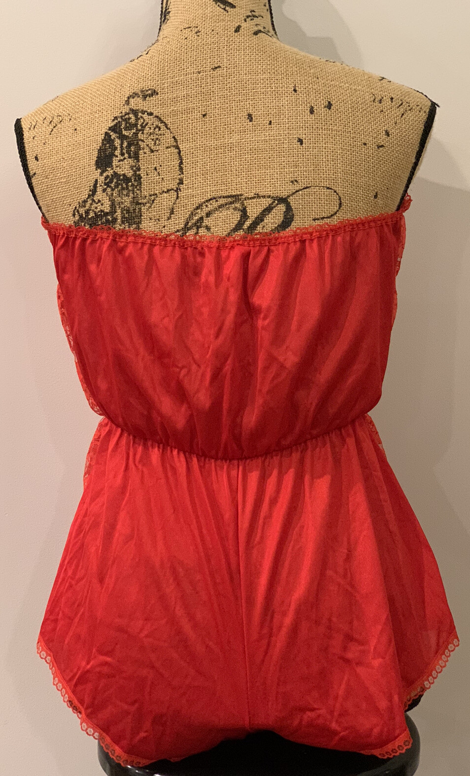 Vtg Red Nylon Lace Pleat Strapless Romper Teddy Lingerie Negligee Sexy Sz L USA