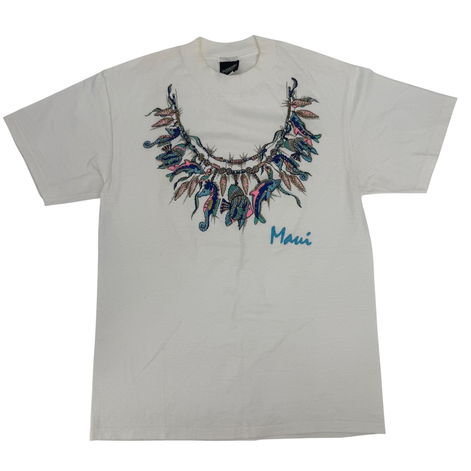 Vintage 1992 Single Stitch Diamond Dust Maui Graphic T-Shirt Glitter Sea Life