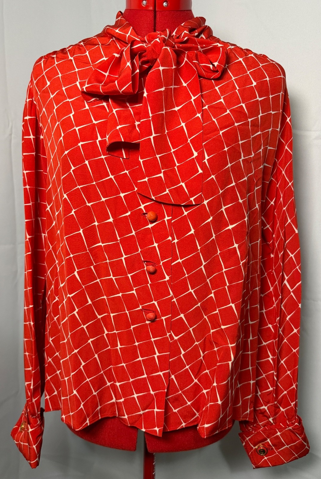 VINTAGE 1980s Custom Made Red & White Window Pane Silk Blouse w/ Necktie – L