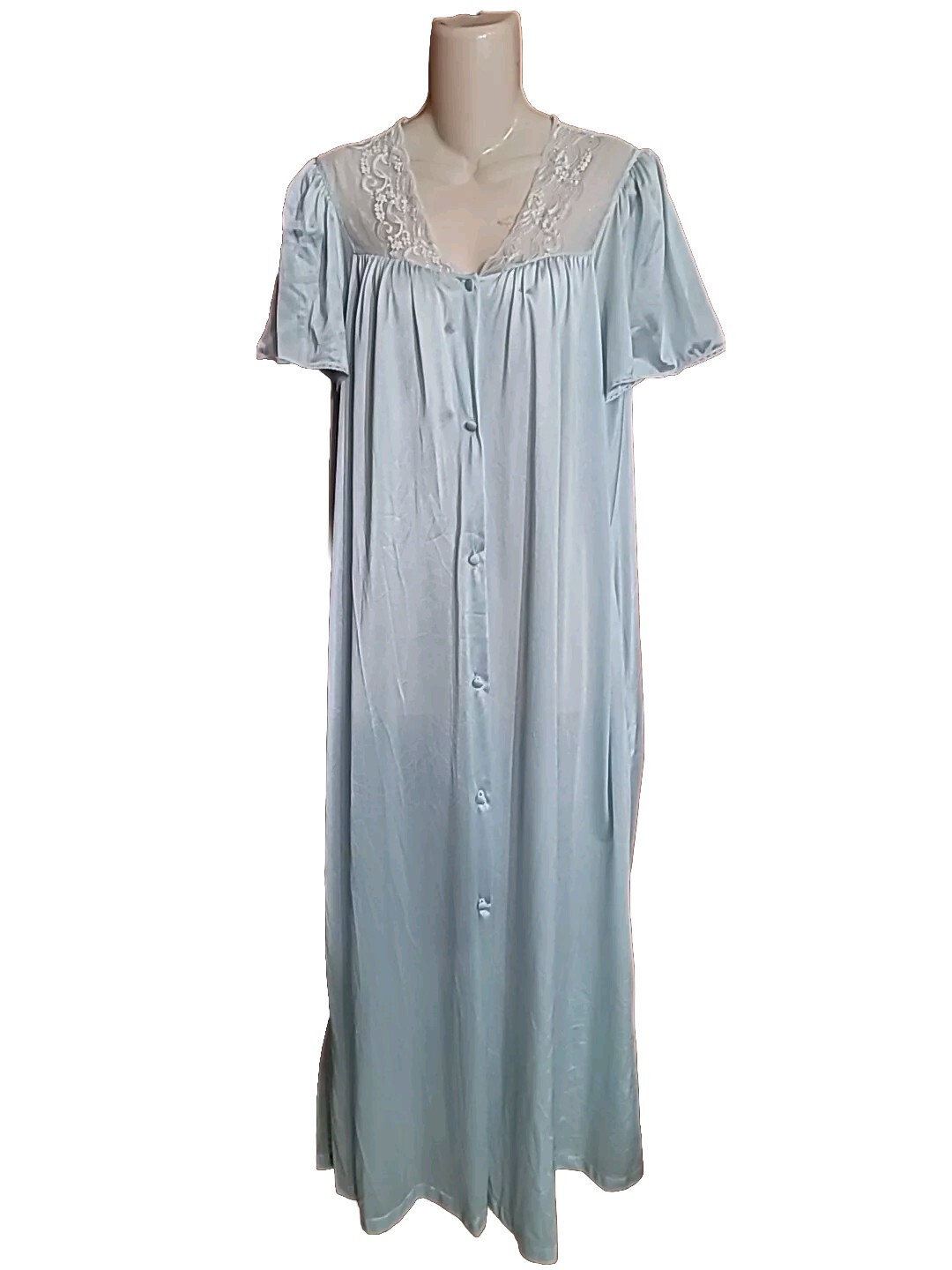 vtg 70s VASSARETTE Robe Light Blue Tricot Nylon Short Sleeve Lace Buttons Pocket