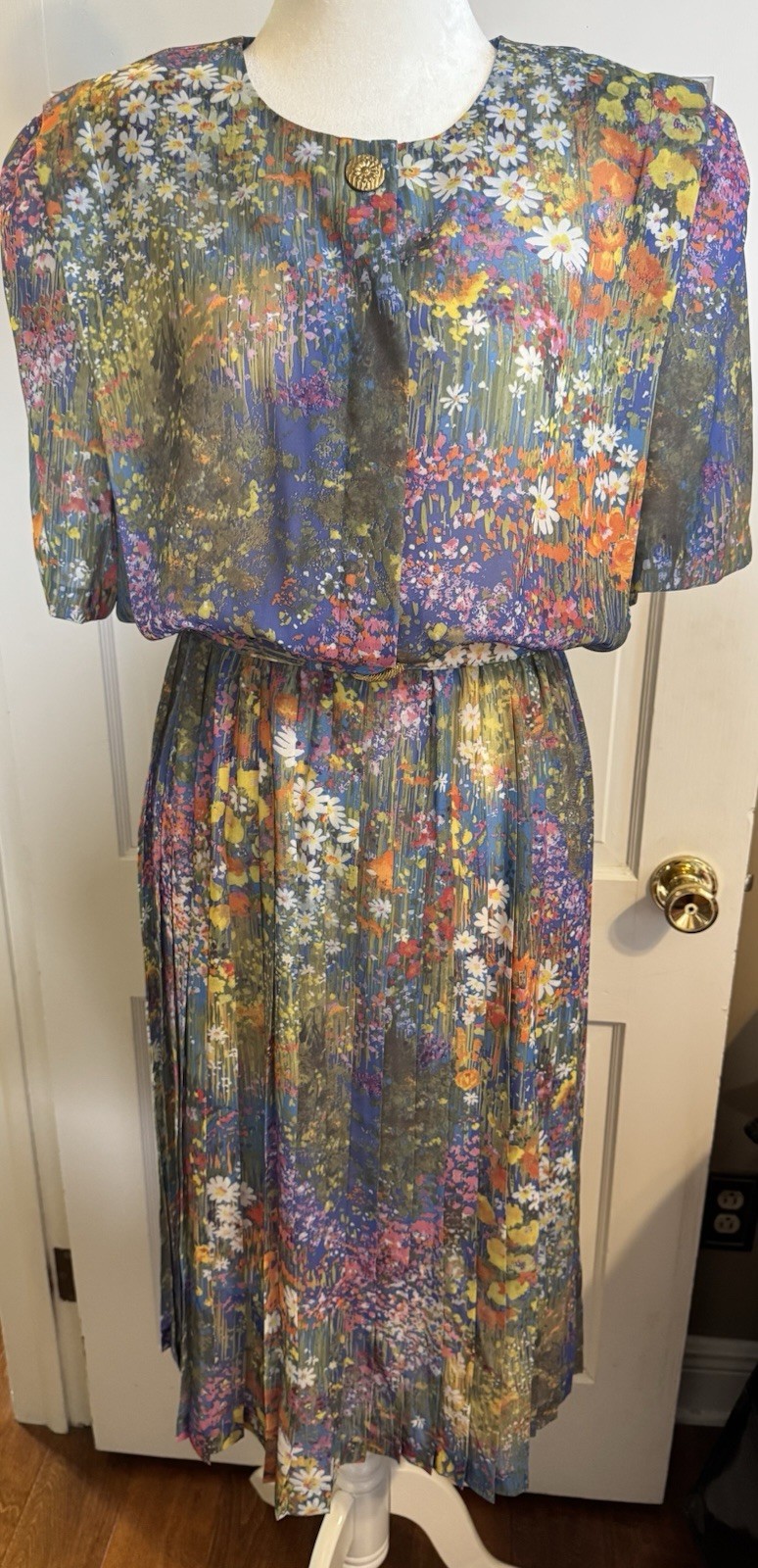 VINTAGE Lady Carol 70’s Watercolor Floral DRESS Sz 18 Shoulder Pads Pleated