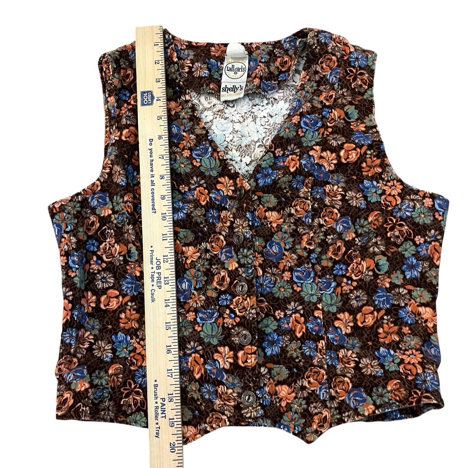 70s VTG Shellys Tall Girls Shop Womens Corduroy Cropped Vest Large Floral Retro