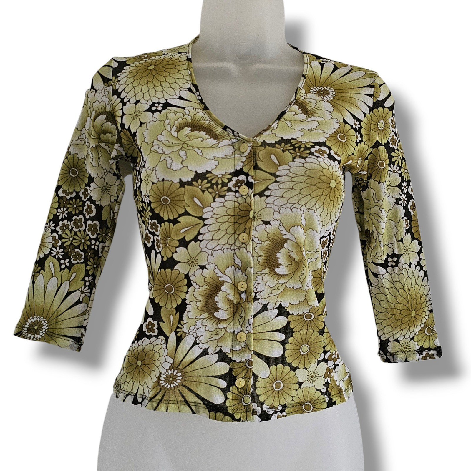 True Vintage 70s Mesh Top S Women Floral Button Front Retro Hippie Indie Grandma