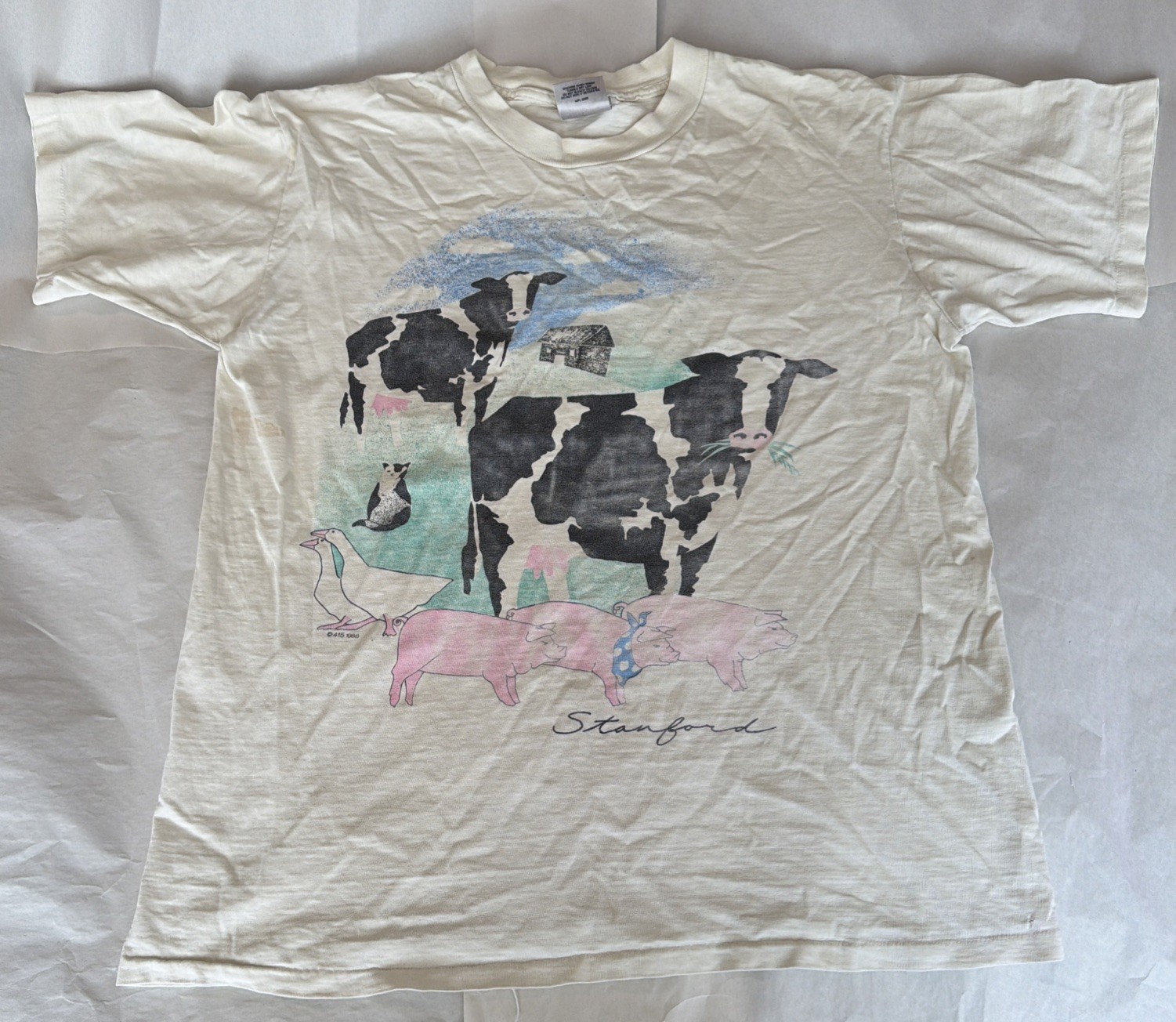 Vtg 80’s Oneita Power-T Stanford Farm Animal Size XL Cream Single Stitch T-shirt
