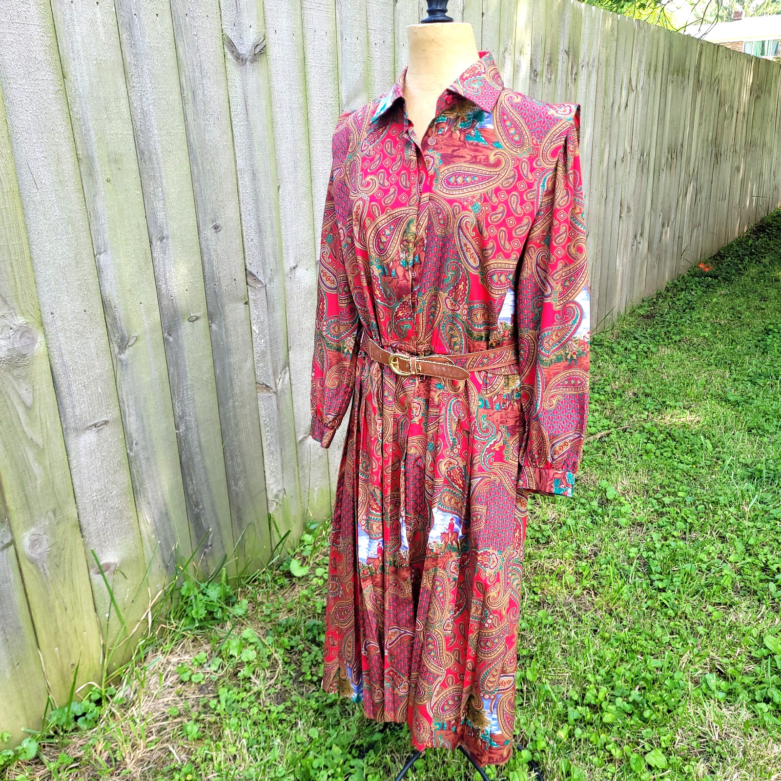 Vtg Paisley Pleated Midi Dress Red 12 P Schrader Heritage Hunting Equestrian