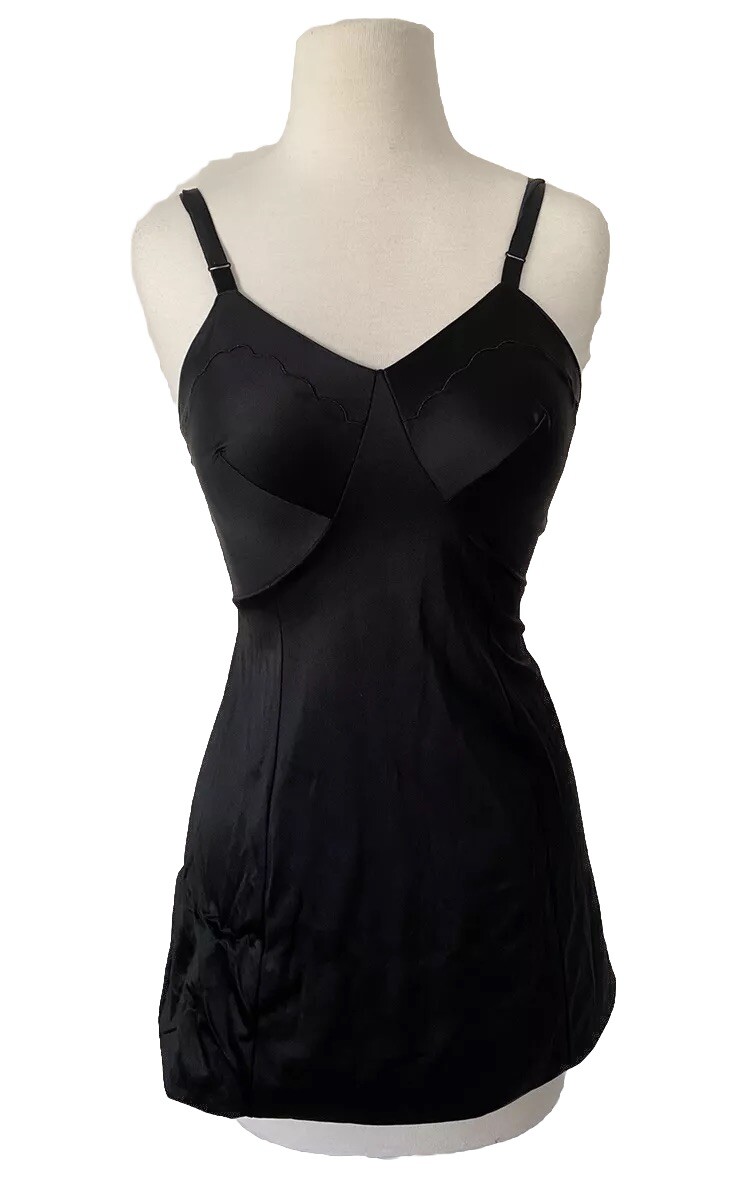 Vtg 1940s Sears Black Slip Short 32 Nylon Adjustable Straps Stretch See Hem XS