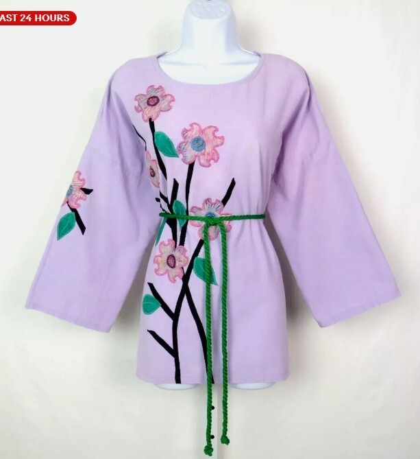 VTG 1970s 80s ALFREDO’S WIFE GREEN COTTON BOHO HIPPIE SMOCK TOP TUNIC POINSETTIA