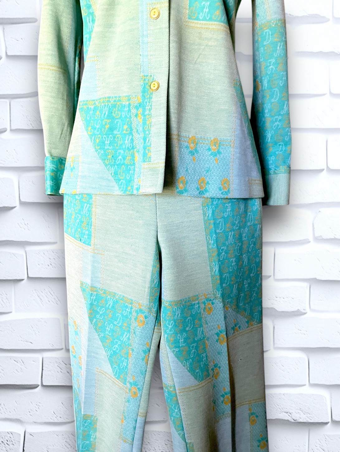 1960’s Teal, Sea Foam Green & Yellow Patchwork & Monogram Pattern Suit Spring