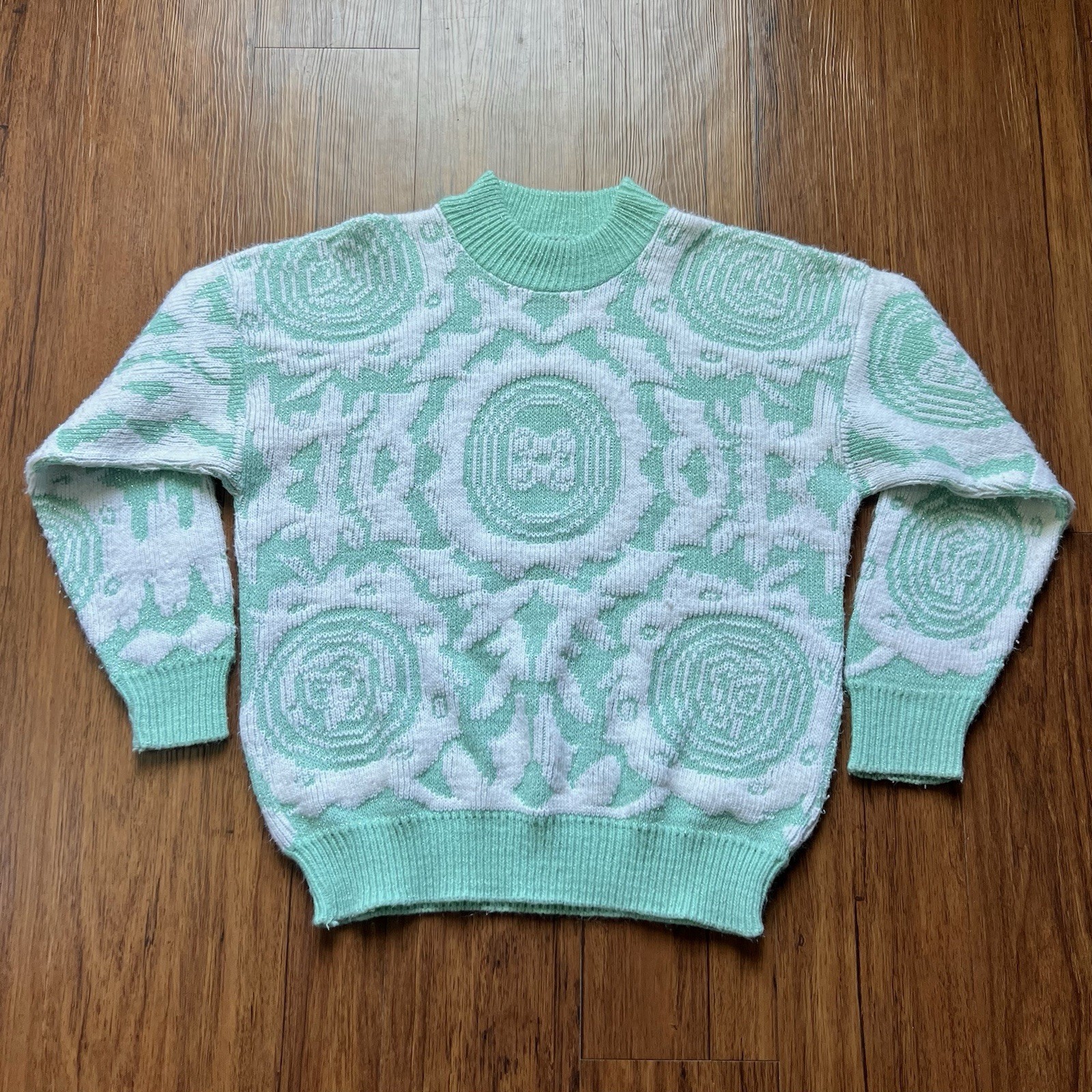Vintage 80s Pastel Sweater Small Glitter Knit Teal Fairy Kawaii Geometric