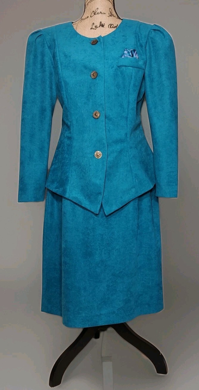 Vintage Berg -Ray Frocks – 2PC Turquoise Sueded Skirt Set – Women’s Medium