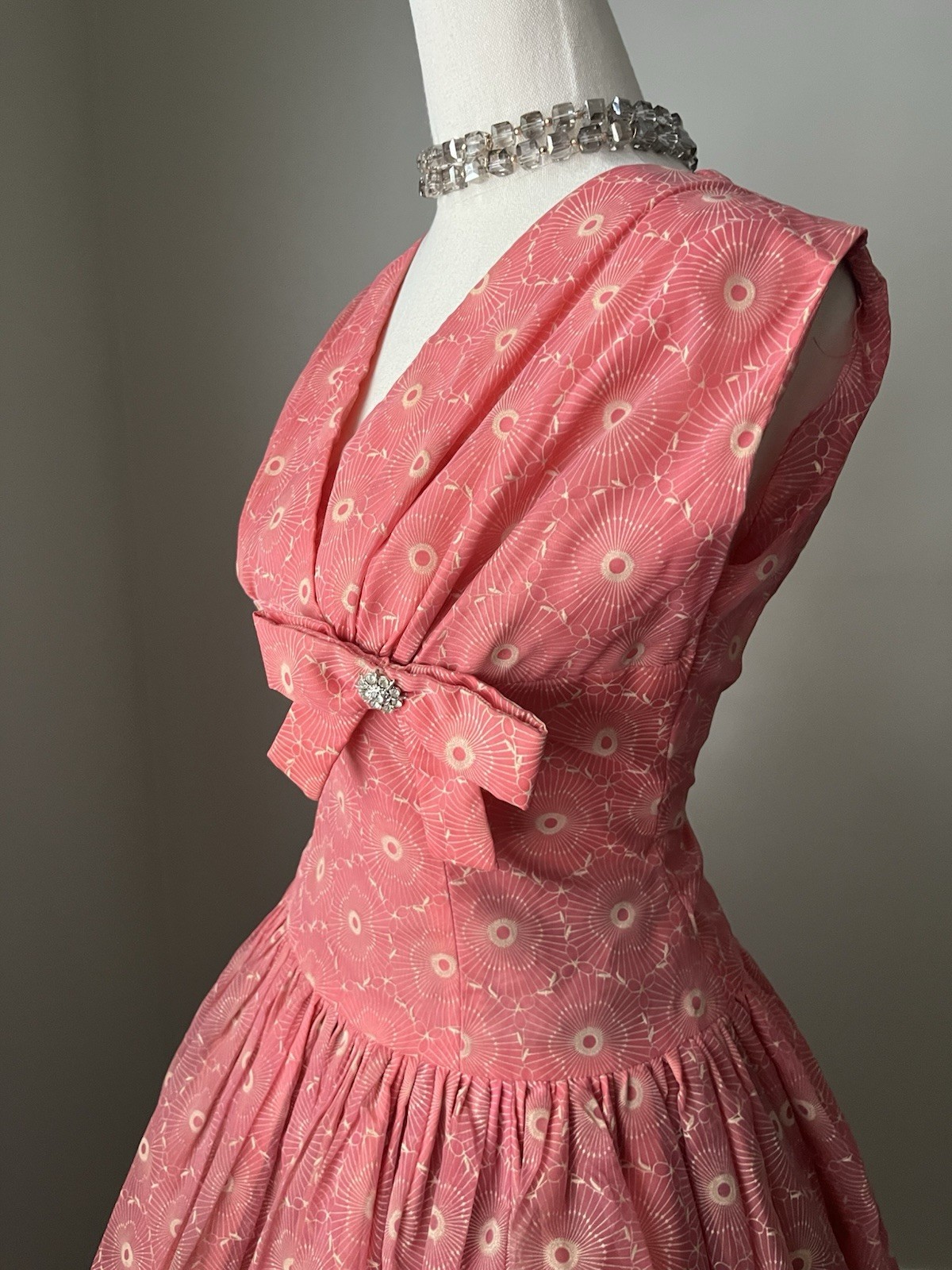 Vintage 1950s Coral Pink pattern double layer Tea Dress | Rhinestone Bow Details