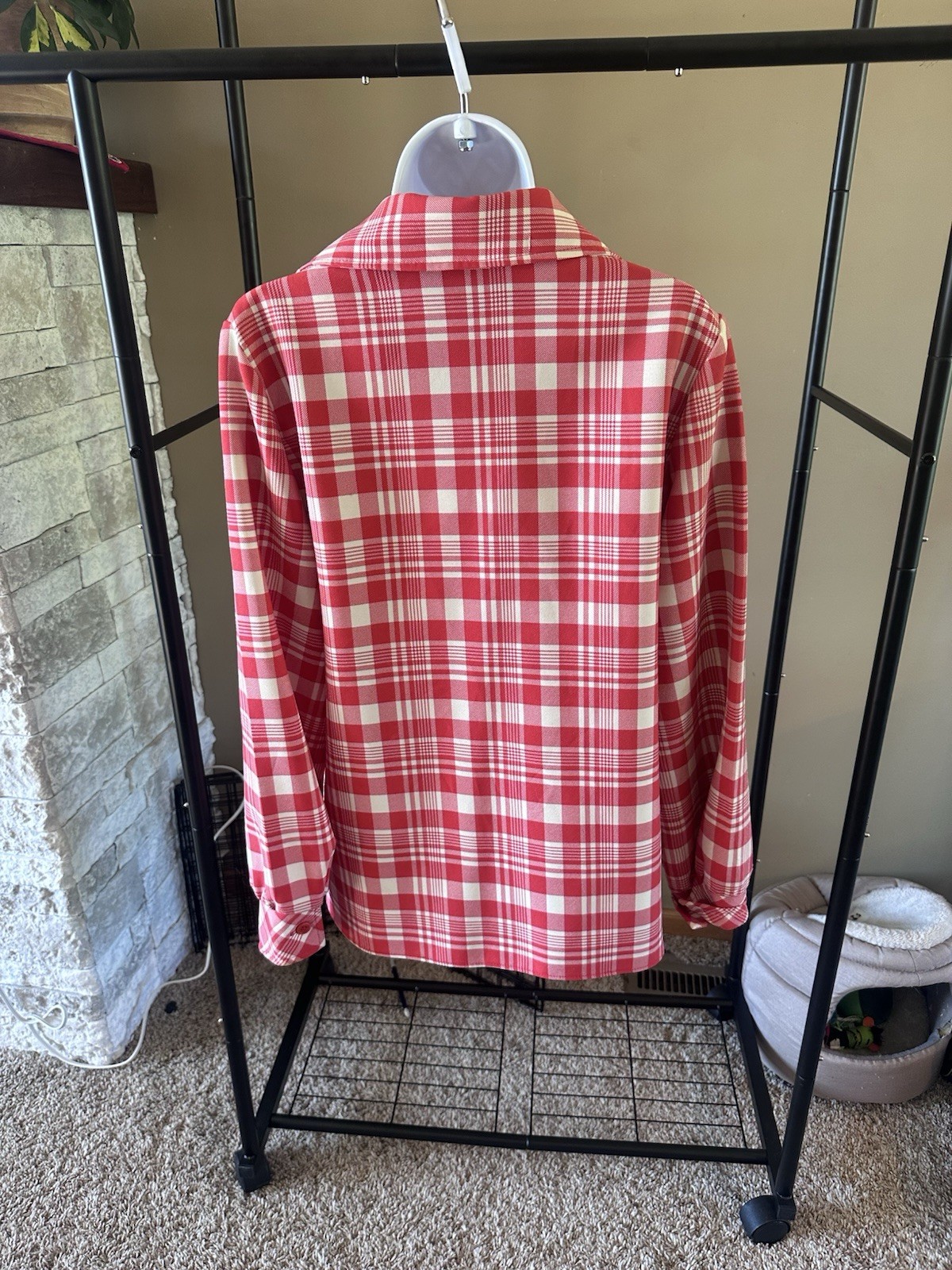 Dixie Deb Vintage Shirt Polyester Red And White Plaid. Button Up, 4 Pockets.