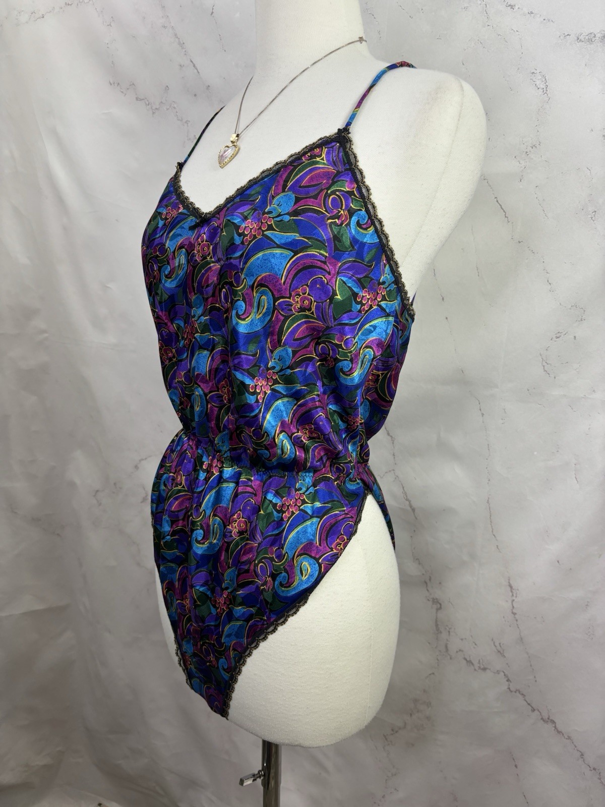 Vintage 80s Satin Teddy Bodysuit Hi Cut Whimsigoth Floral Lace S Bonjour Retro