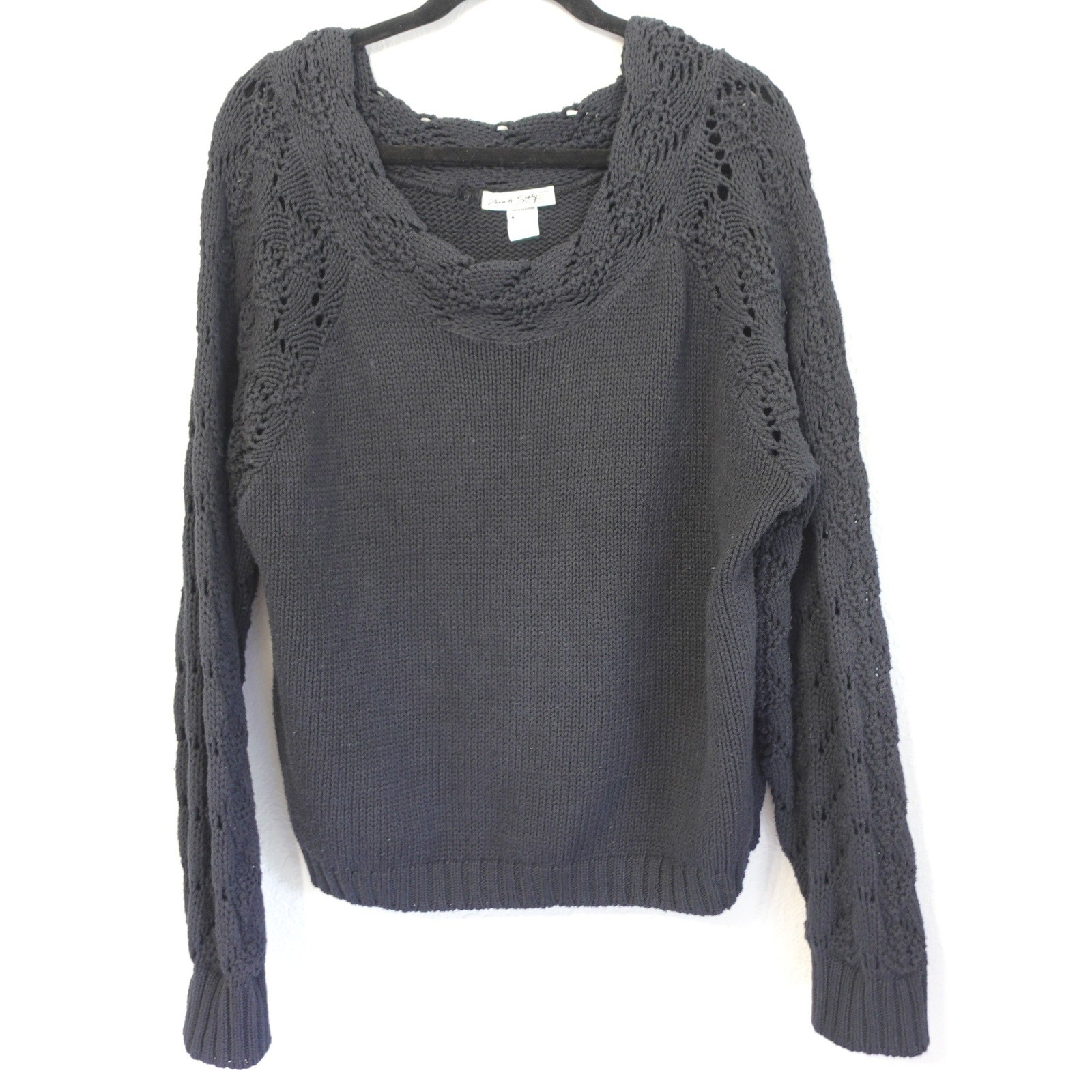 Vtg 90s Sweater Womens OS Black Knit Pointelle Crochet Slouchy Grunge Grandpa