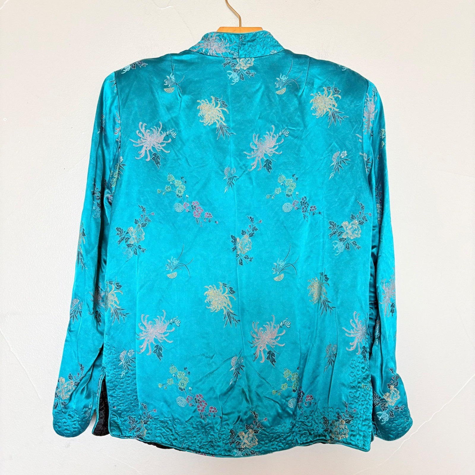 Vintage Reversible Satin Chinese Jacket Teal Black Embroidered Frog Buttons