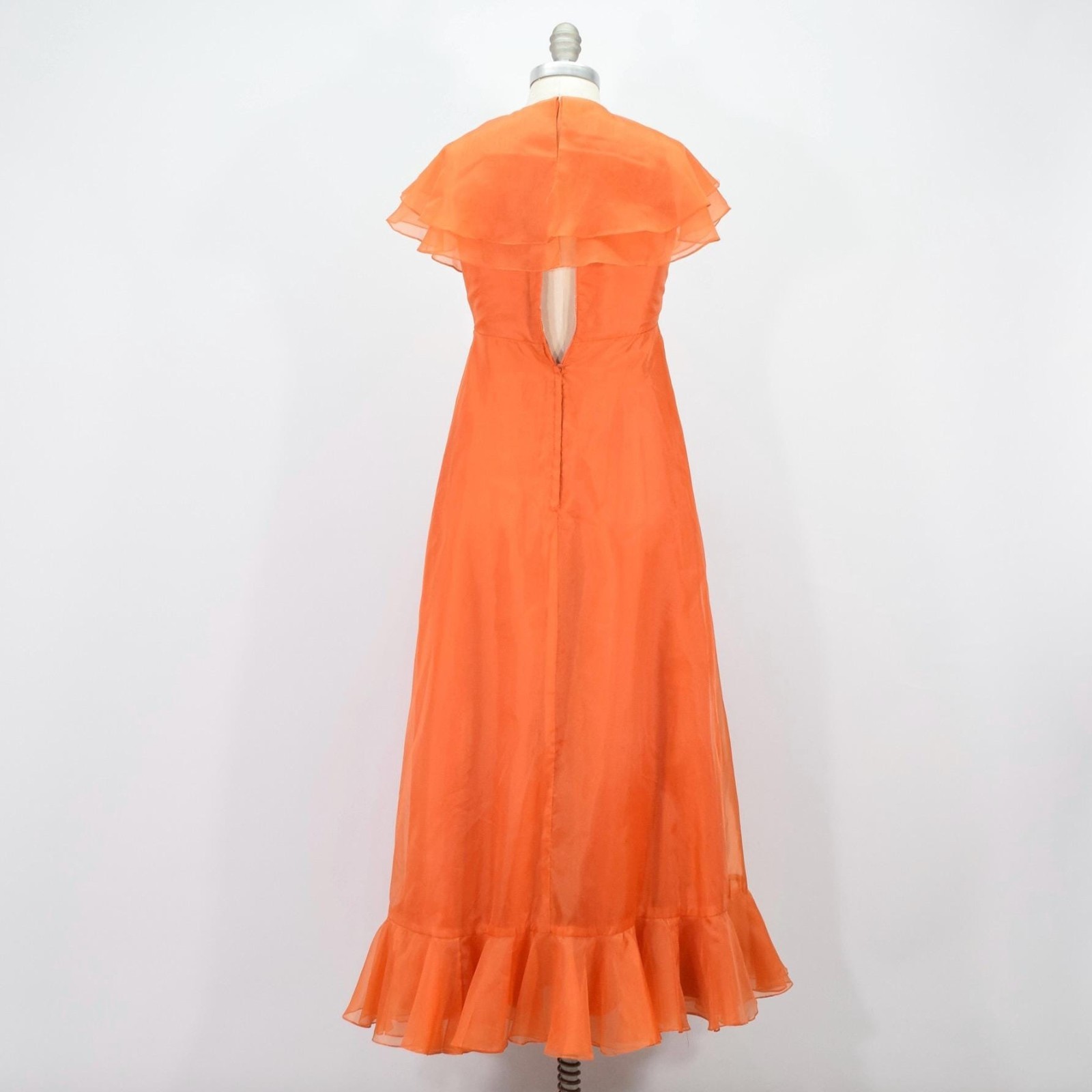 Vintage 70s Gown 2 Orange Sheer Organza Empire Waist Cape Sleeve Glam Formal