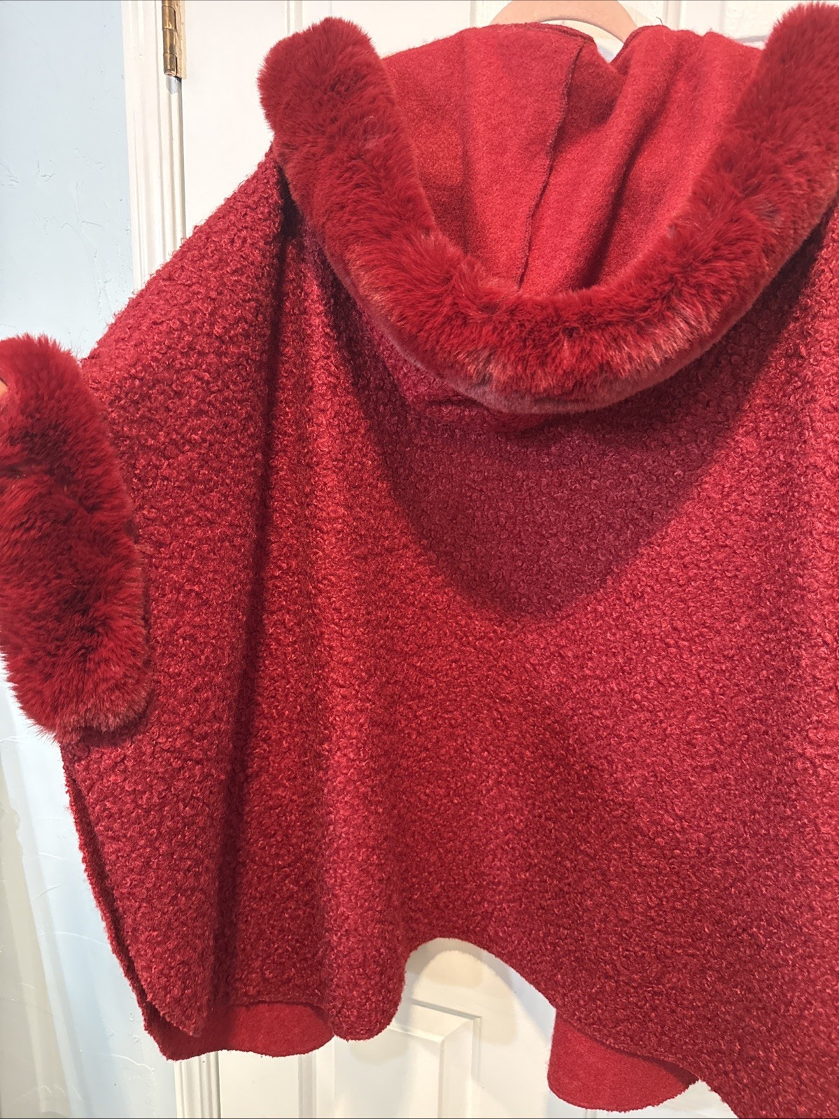 Cranberry Red Bouclé Cardigan Luxury Faux Fur Bouclé Cape Cotton Wool Blend OS