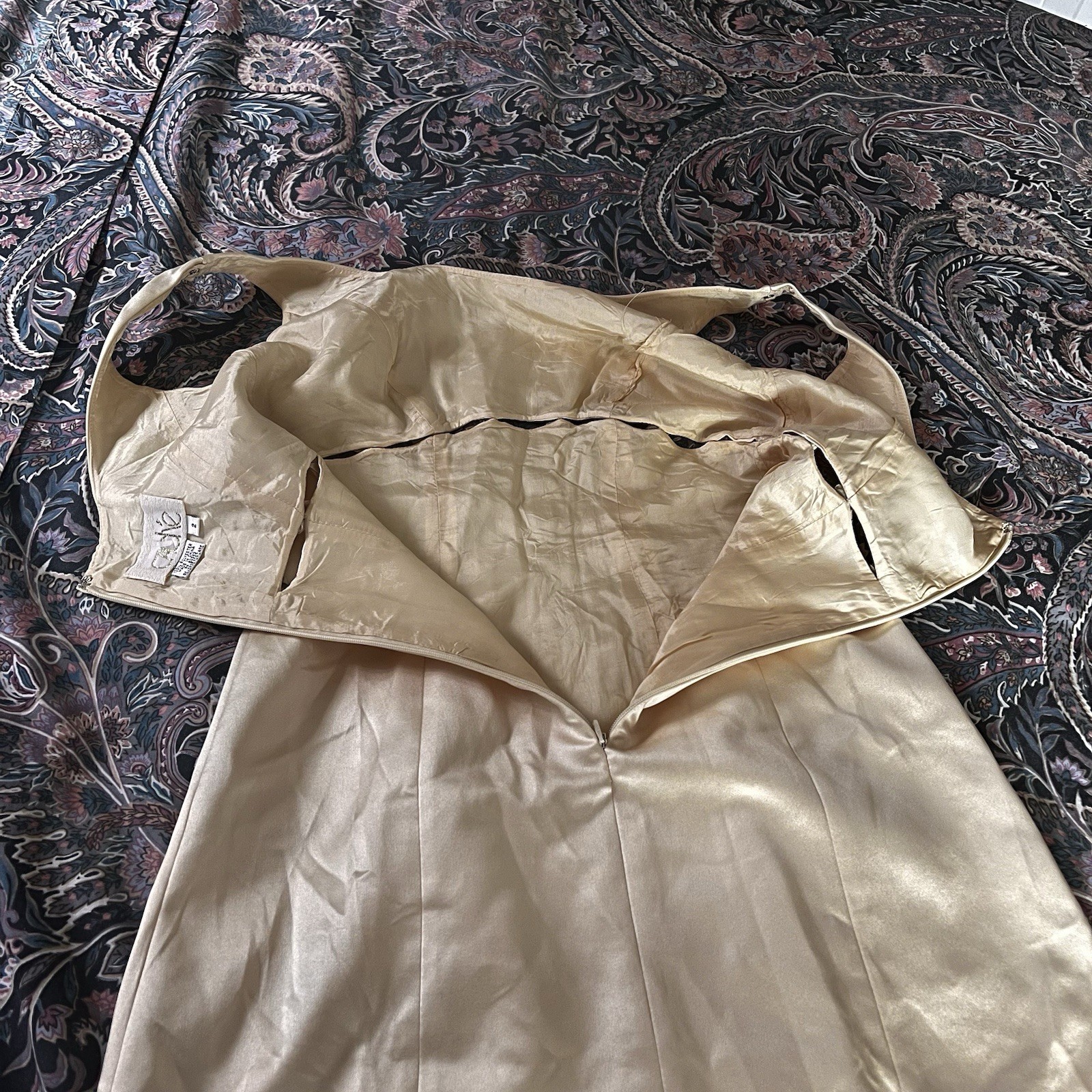 Cache 90s Rare Champagne Waist Cutout Roses Vintage Satin Mini Dress Sleeveless