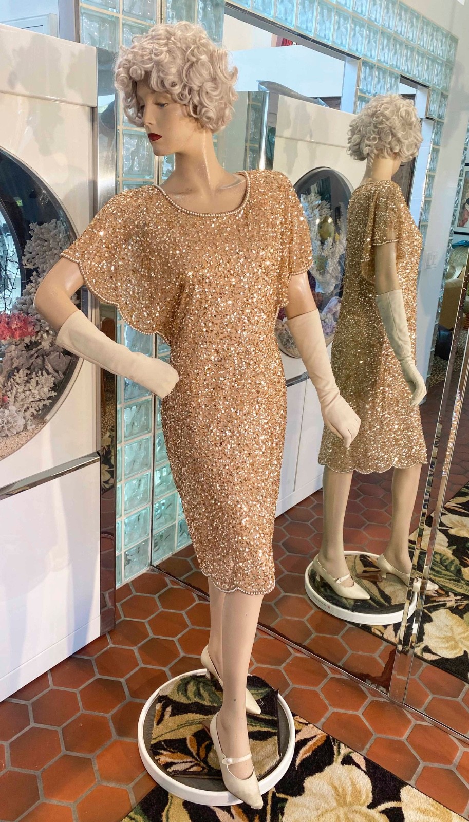 VTG Papell Evening Gold Sequin Beaded Dress Butterfly sleeves Fairy Knee 10