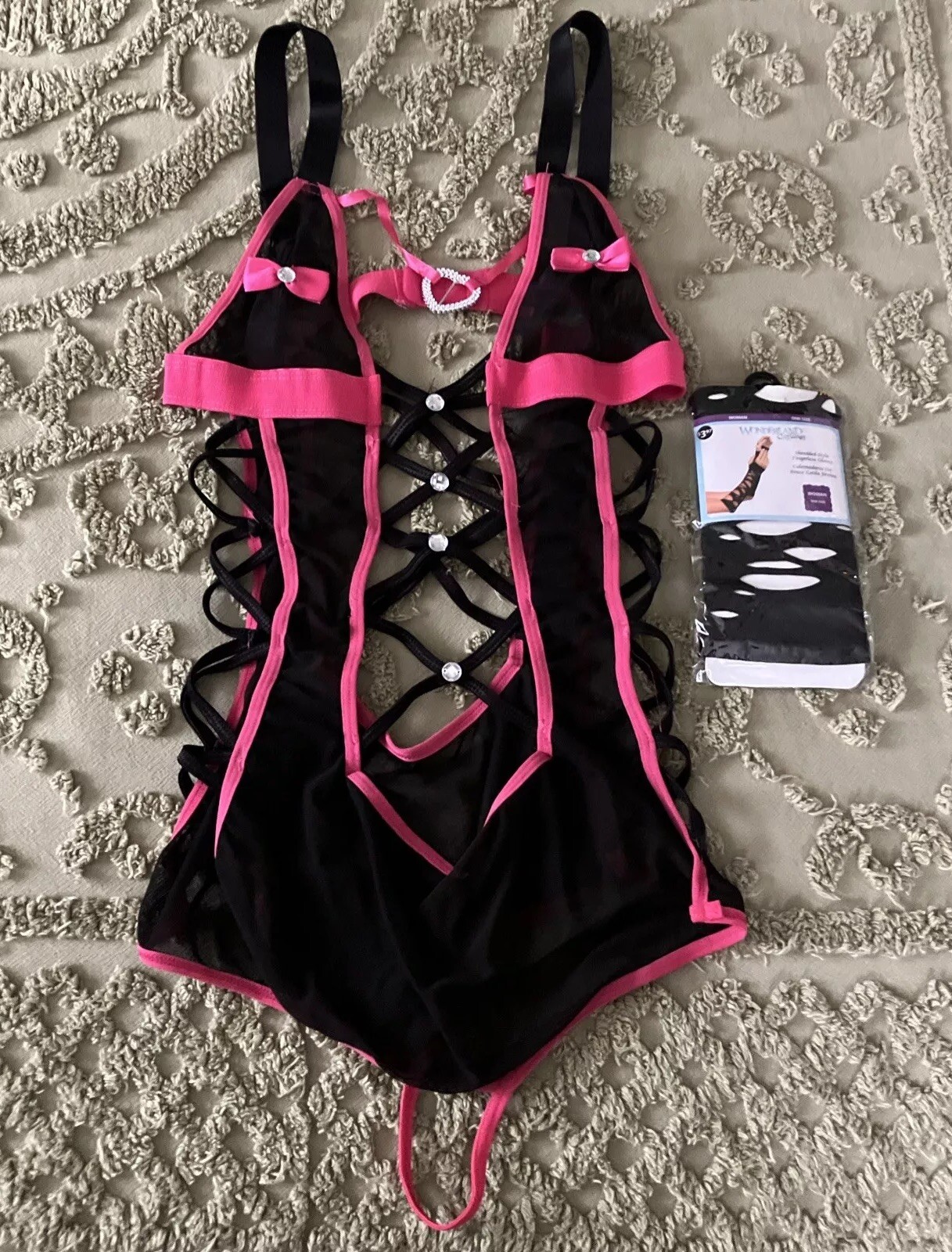 Vintage Black Pink Strappy Woman’s Teddy Sexy Bodysuit Intimate Apparel One Size