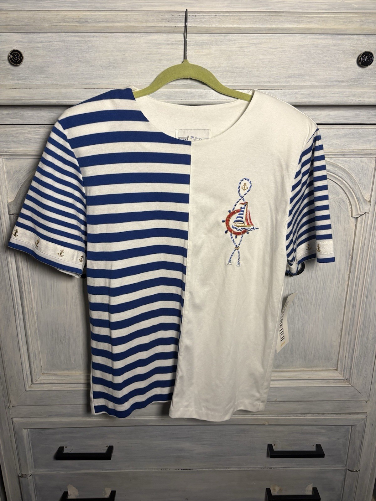 Vintage 90’s Nautical Stripe Anchor Sailboat Blouse Preppy Grandma Country Club