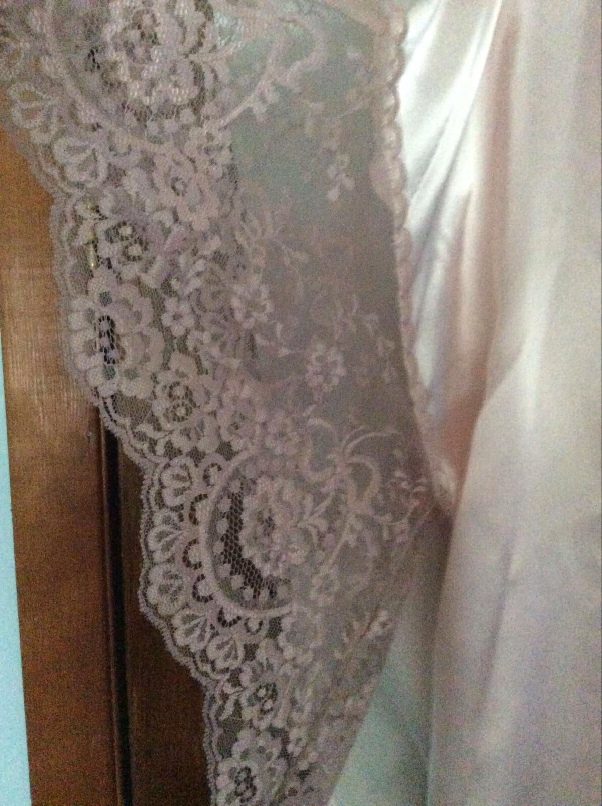 Vintage Large Lady Cameo Chemise Nighty Slip Dress Silky Pink Wide Lace OS Robe