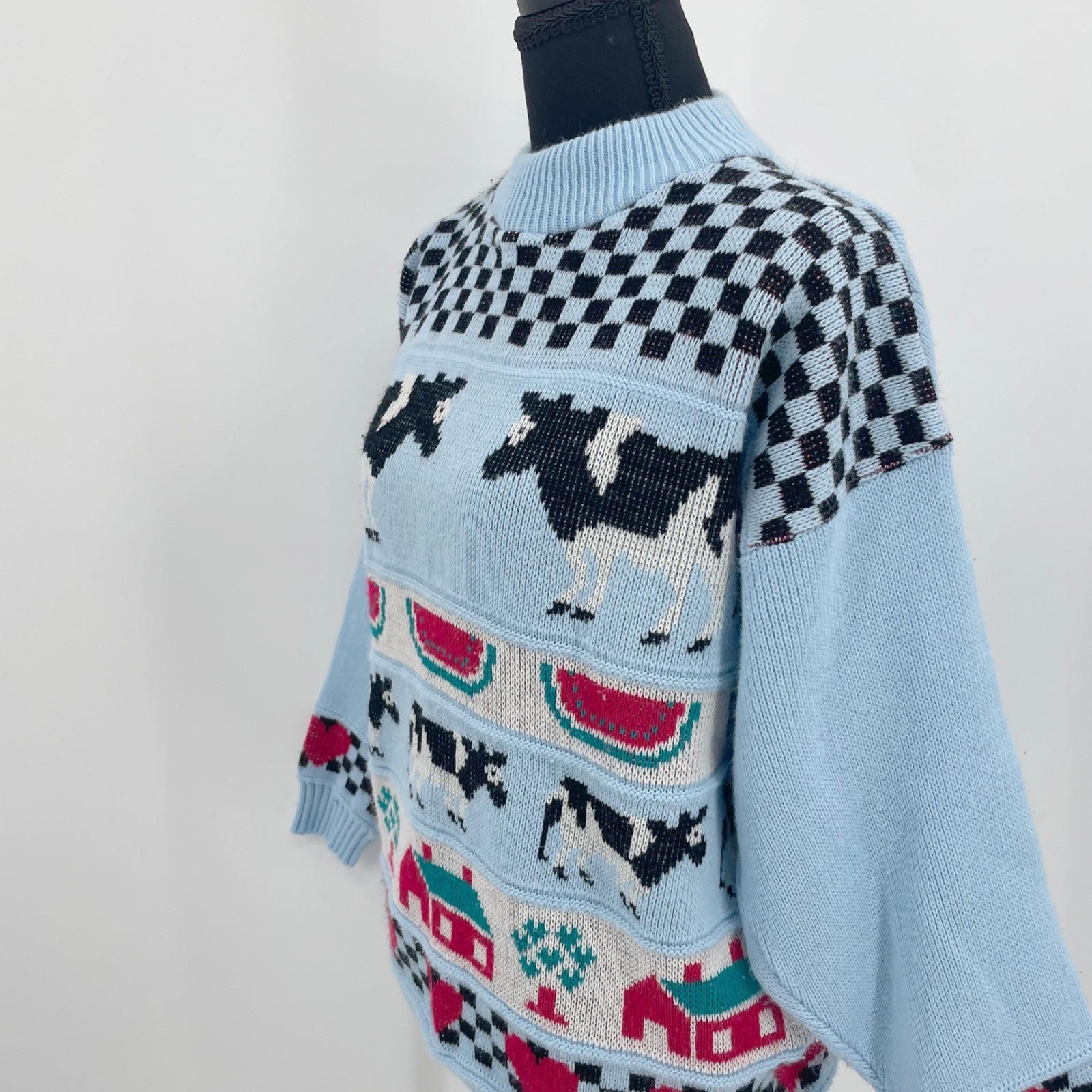 VTG Adele Knitwear Vintage Cow Watermelon Cottagecore Sweater Blue Made in USA
