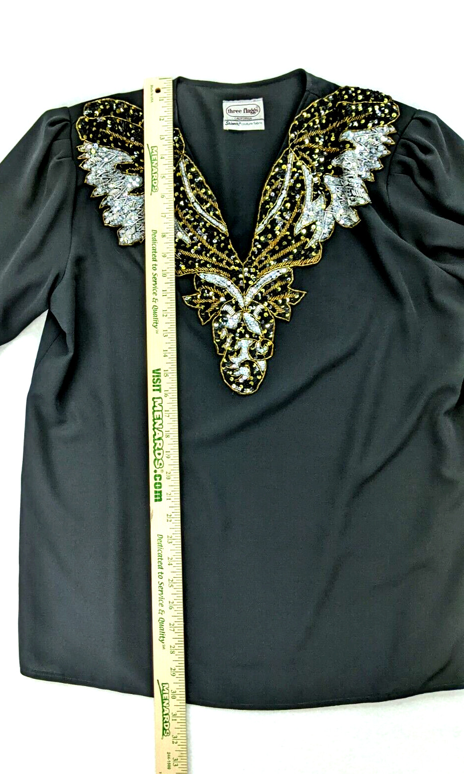 Vintage 80s Top Three Flaggs Size 16 Black Long Sleeve Sequins