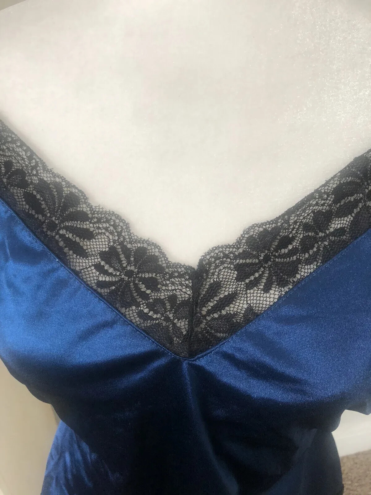 Vtg New AVIDLOVE Sz L Navy Royal Blue Satin 1 One PC Black Lace TEDDY Lingerie
