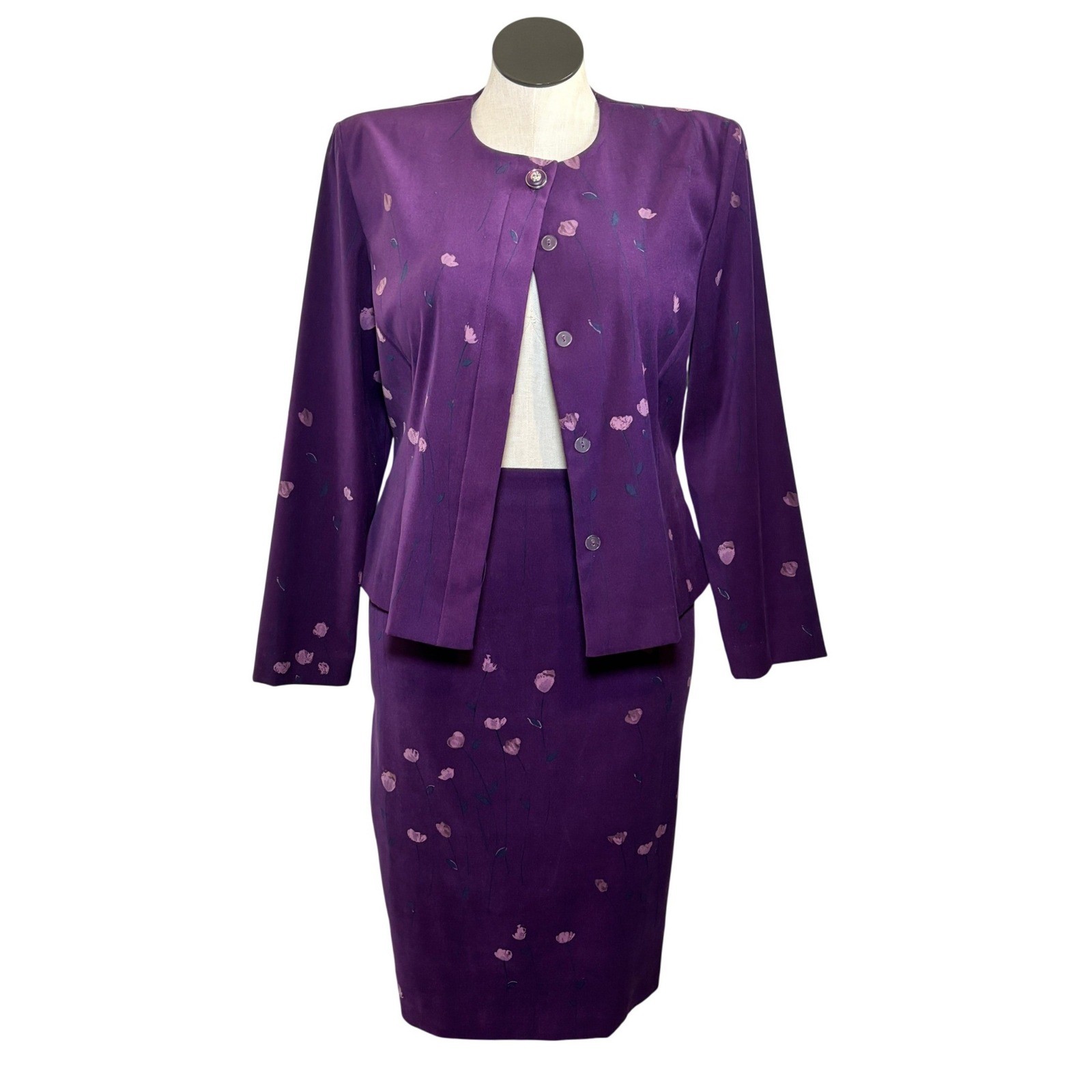 Leslie Fay Vintage Purple Floral Skirt Suit Set Jacket Midi Skirt Size 14