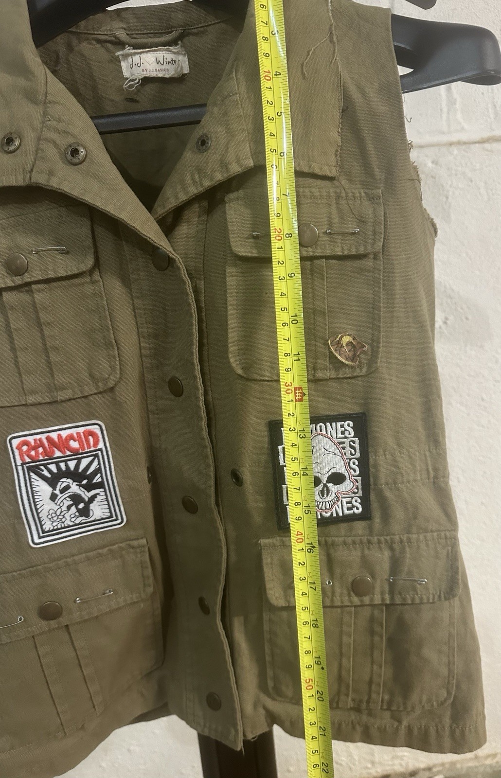 Ramones Rancid Khaki Utility Vest Patches Safety Pins Added Punk Clothes