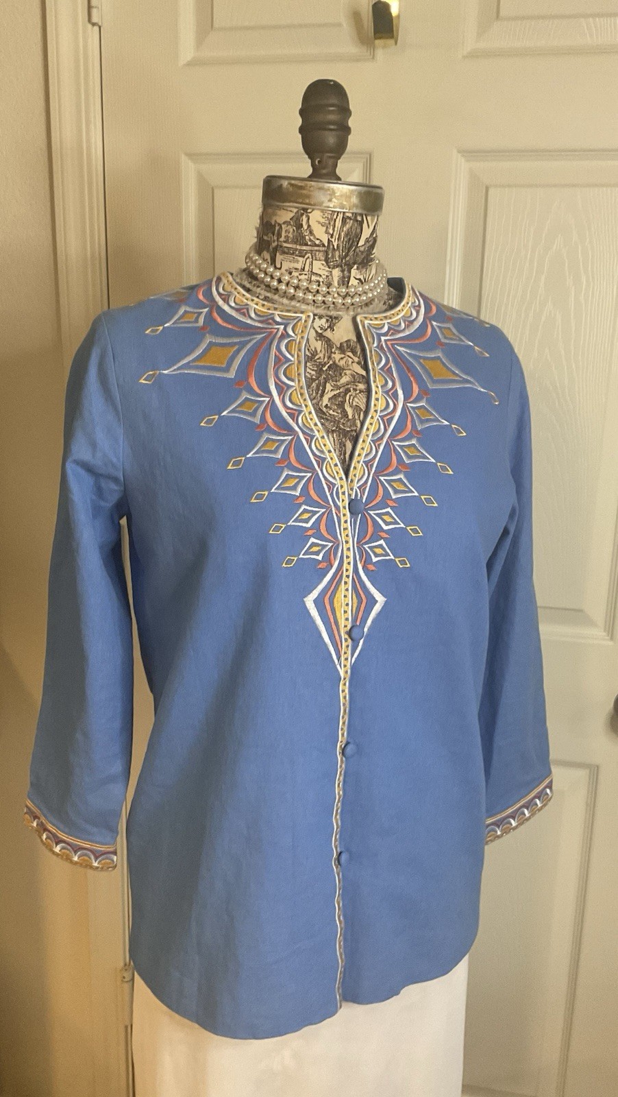 Vintage Bob Mackie Wearable Art Linen Rayon Denim Embroidered Tribal Top S