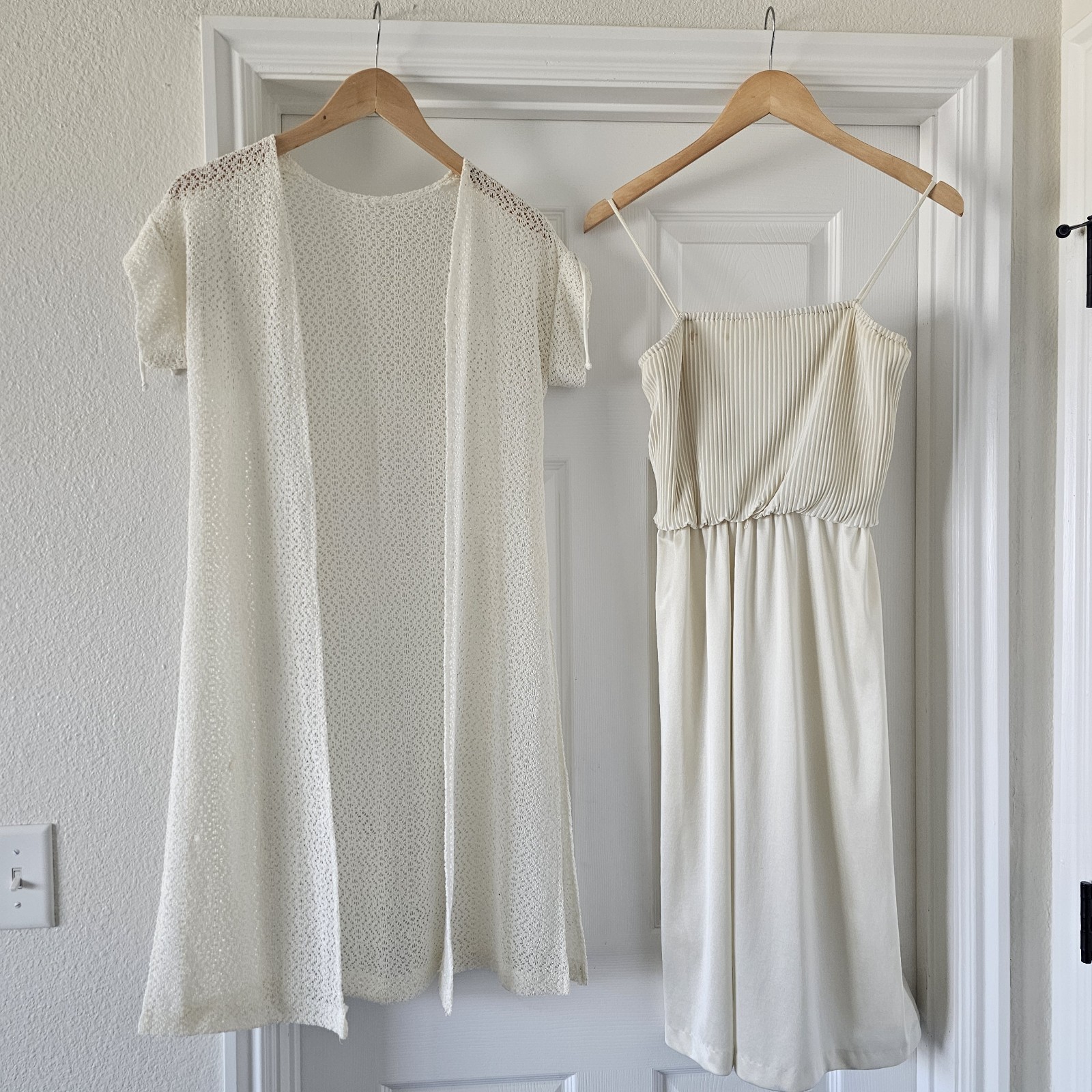 1970s Vintage Cream Ivory Spaghetti Strap Dress And Knit Lace Jacket Set #25