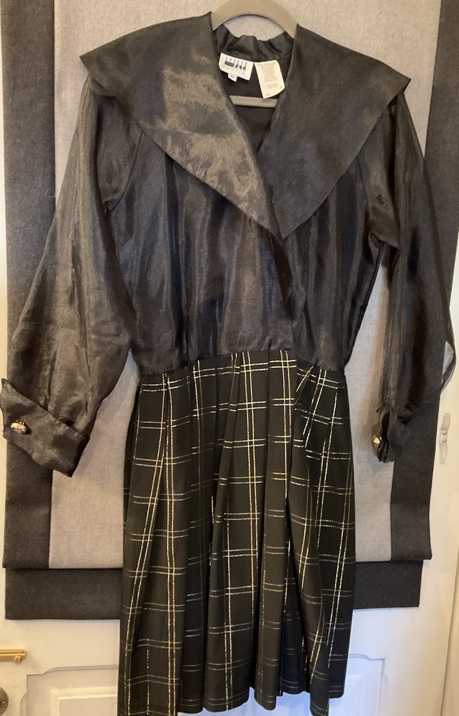 80’s Vintage Leslie Fay 6P Dress Black Gold Plaid Sheer Sleeve Cocktail Goth