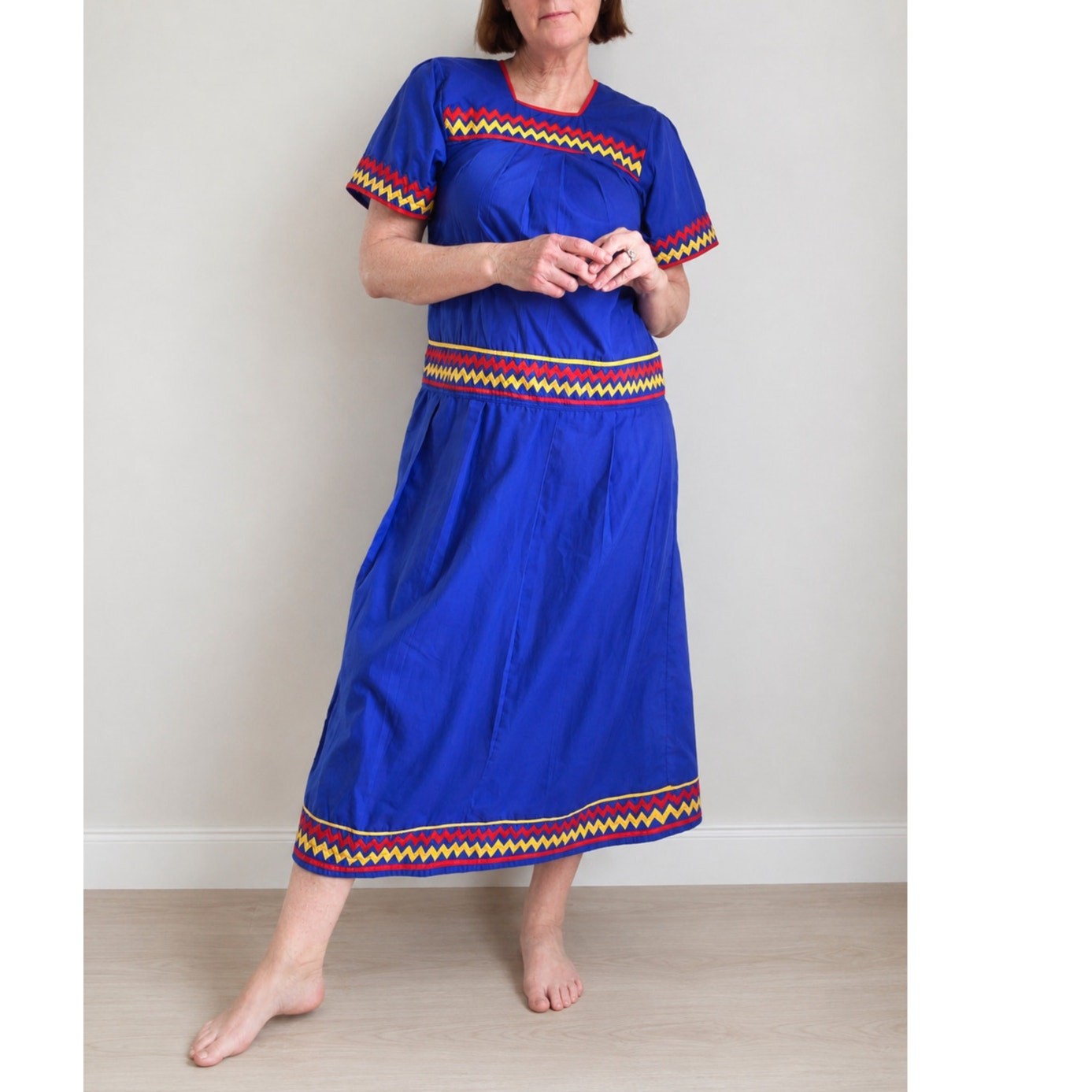 Vintage Handmade Ethnic Dress Cotton Cobalt Blue Ric rac Trim Size Sm