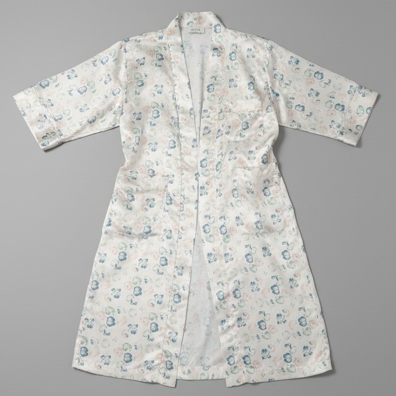 Body Drama Vintage Satin Floral Robe White Blue Pink Long Sleeve Loungewear