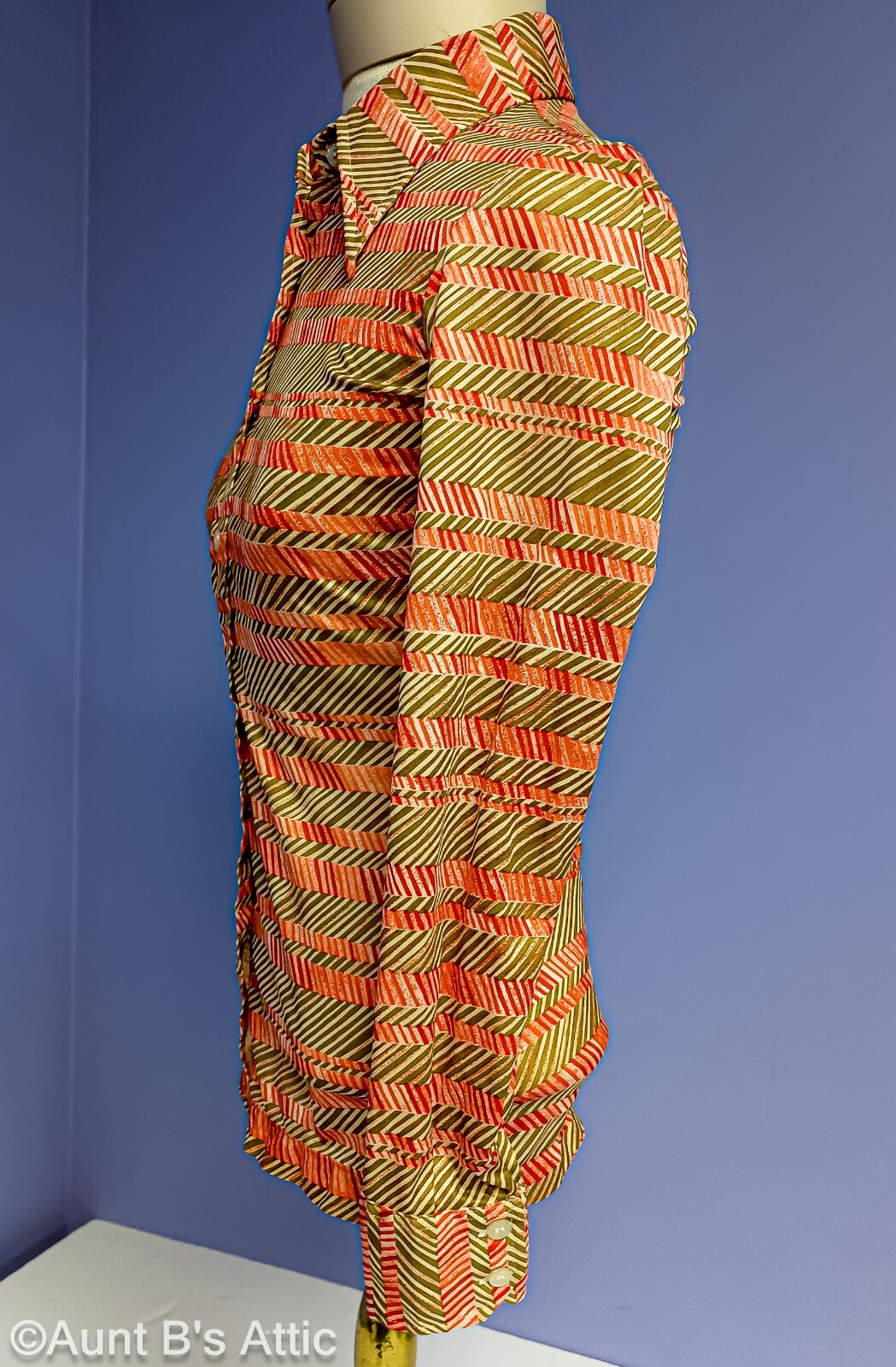 Vintage 70’s Ladies RT Burnt Orange/Olive Green Stripe Polyester LS Blouse XXS