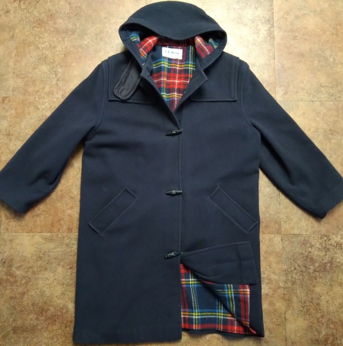 VTG L.L. Bean Women’s Sz S Wool Plaid Lined Toggle Duffle Trench Coat w Hood