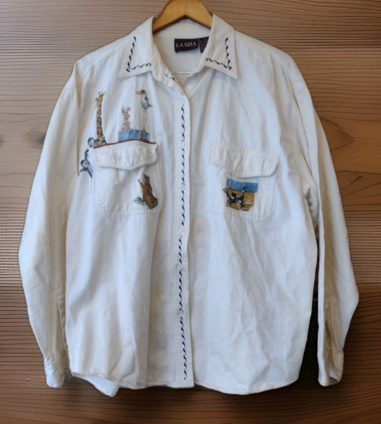 Vintage La Sha 1X Noah’s Ark Cotton Twill Shirt Embroidered Various Animals