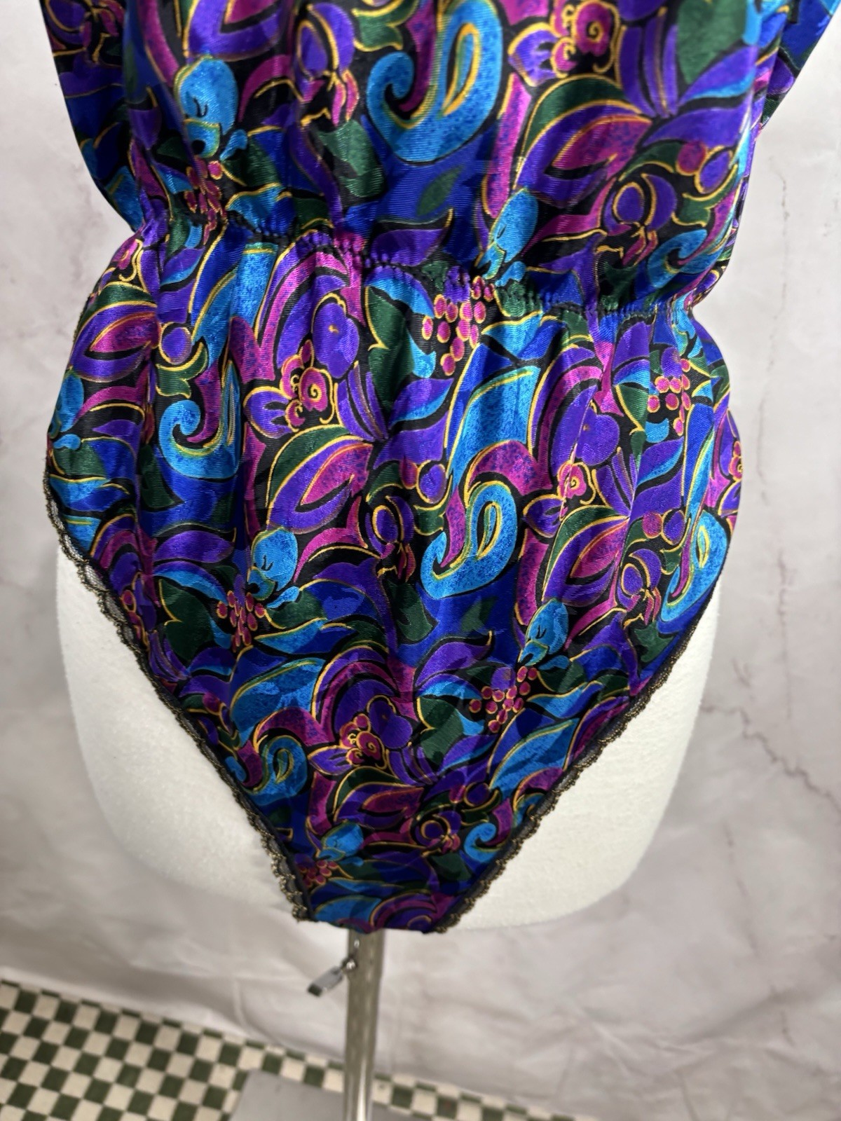 Vintage 80s Satin Teddy Bodysuit Hi Cut Whimsigoth Floral Lace S Bonjour Retro
