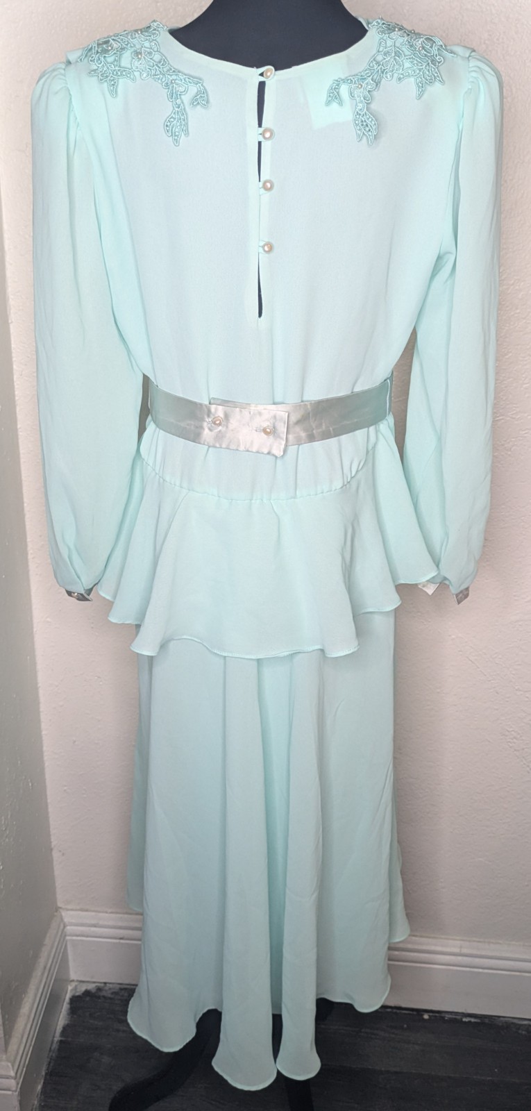 Vtg Petites By Demaro Seafoam Formal Chiffon Embroidery Pearl Ribbon Dress Sz 13