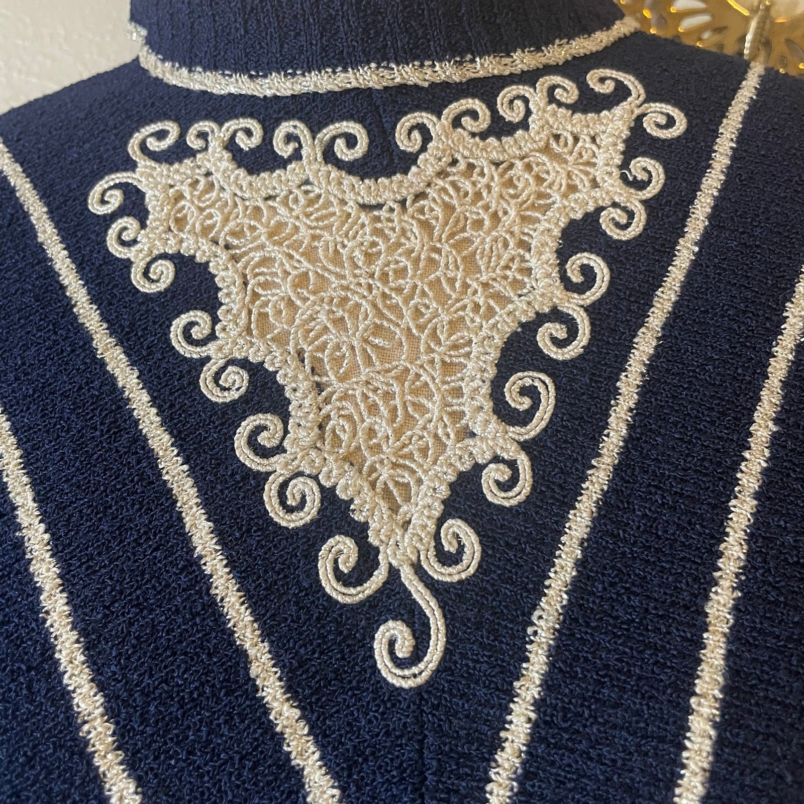 Vintage 1950s Tobi of California Navy Cream Chevron Knit Sweater Bib Top Size S